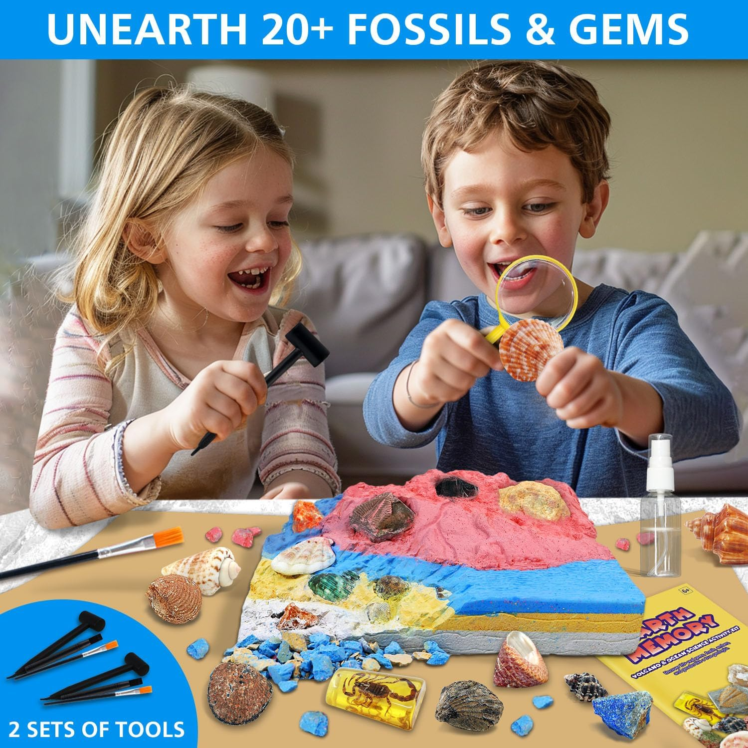 Volcano & Ocean Fossil Dig Kit, Dig up 20+ Real Fossils, Rocks, Shells & Sea Snails with Eruption Experiments, Earth Science Geology Kit for Kids, STEM Toy for Boys & Girls Age 6-8-12 image number 5