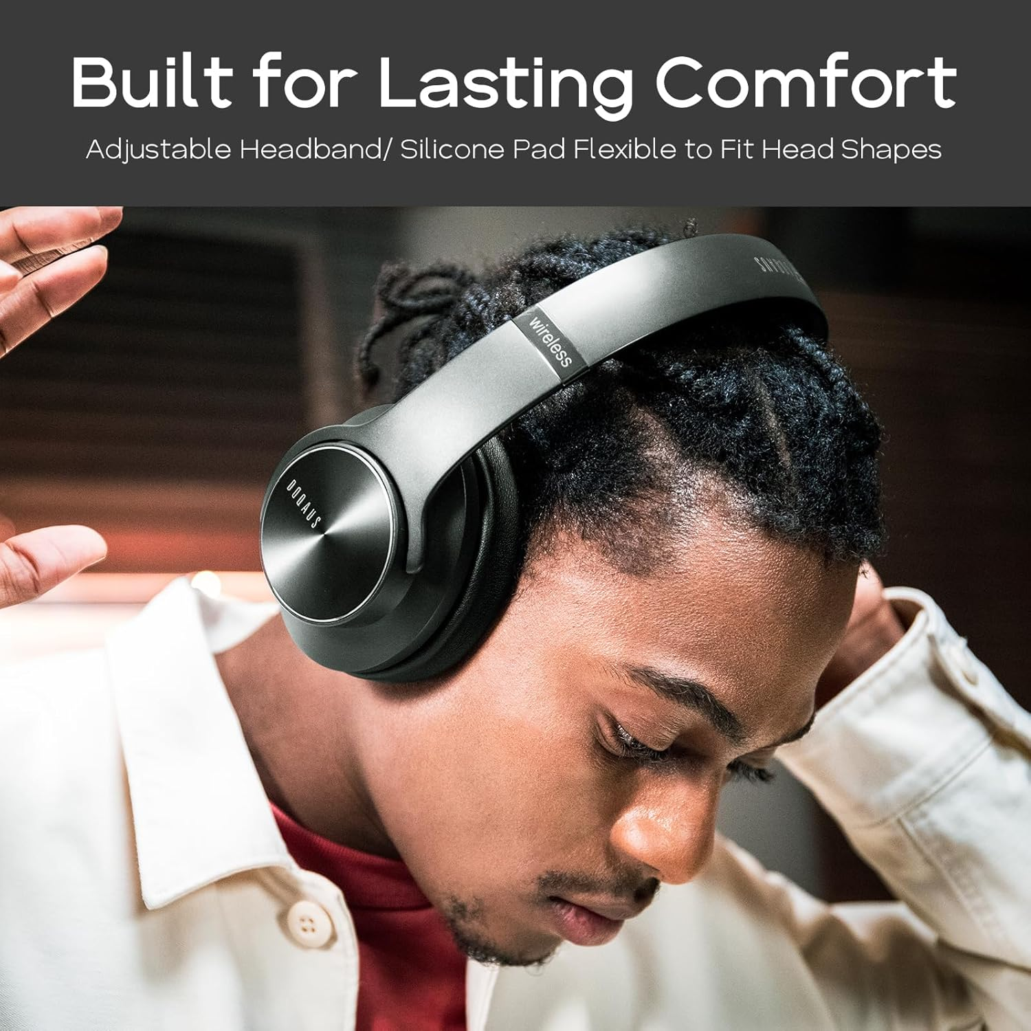 DOQAUS Bluetooth Headphones over Ear, 90 Hrs Playtime Wireless Headphones, 3 EQ Modes, Foldable Hi-Fi Stereo Bass Headphones, Soft Memory Protein Earmuffs, Built-In Mic＆Wired Mode for Phone Pc/Travel - Black-Red image number 5