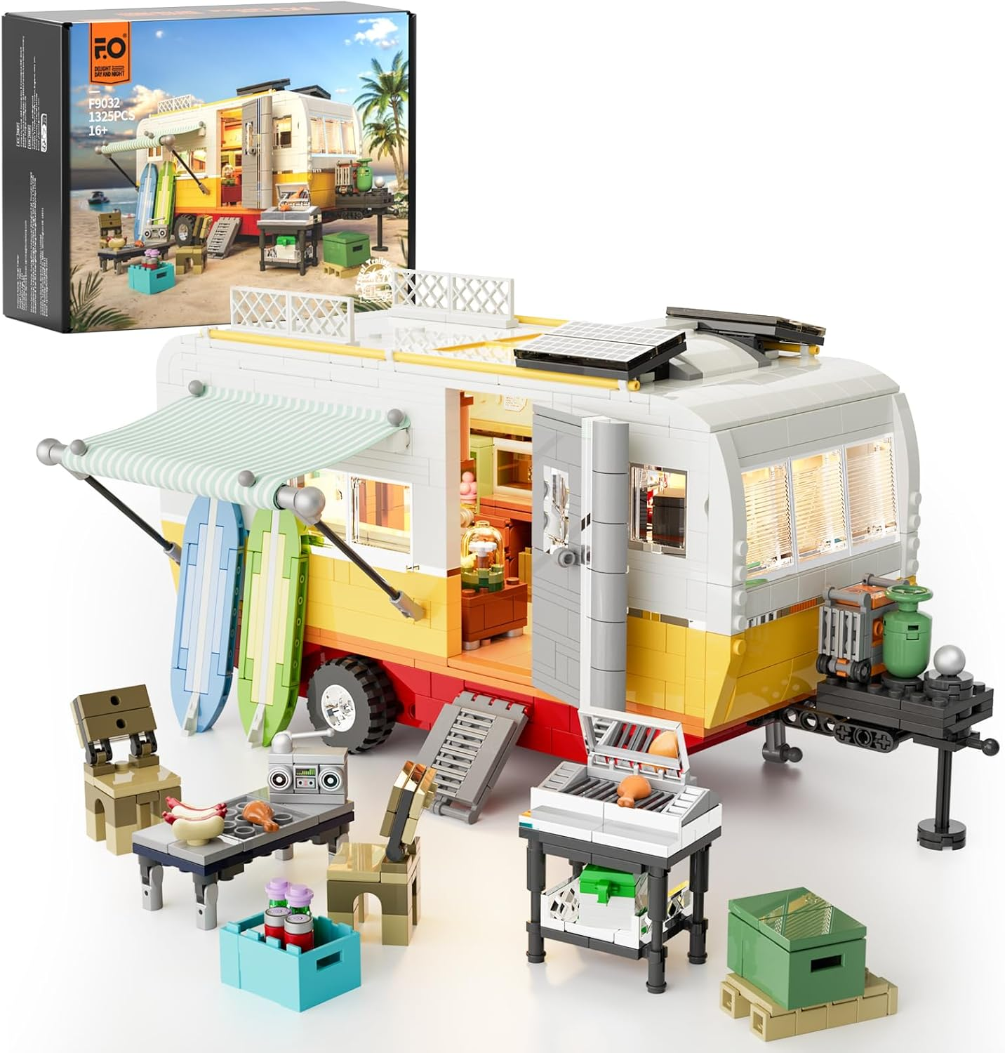 FUNWHOLE Travel Trailer Lighting Building-Bricks Set - Classic Camper Van for Beach 1325 Pcs Creator Vehicle Kit for Adult and Teens image number 4