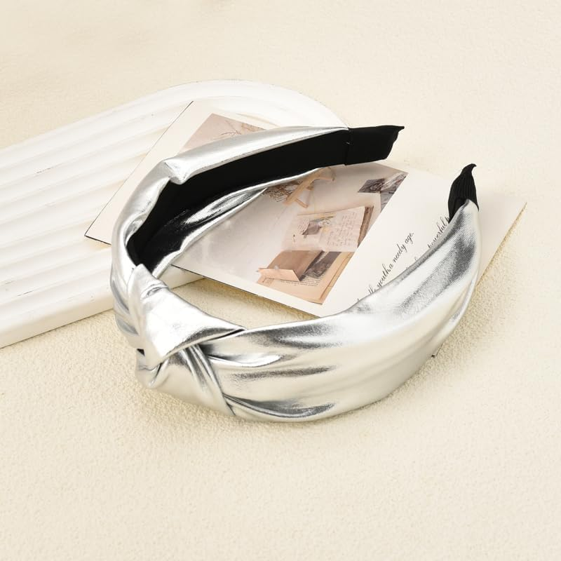 Leather Knotted Headband Silver Bowknot Headbands for Women Girls Cross Knot Hairband Wide Turban Headband for Women image number 3
