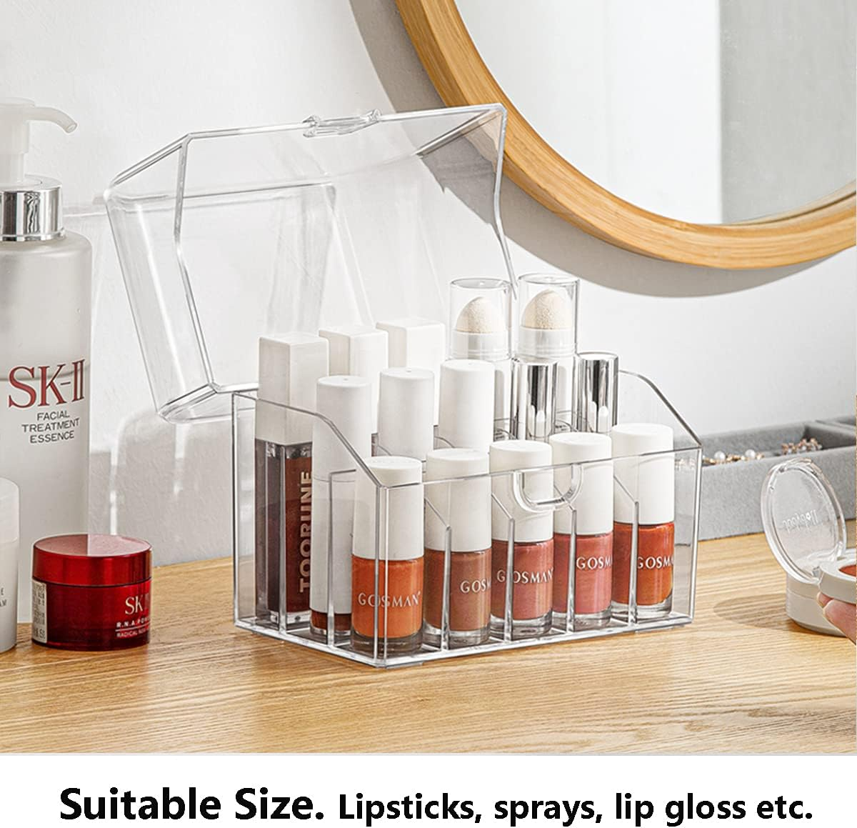 MORNITE Cosmetic Organizer Storage, Lipstick Organizer with Lid, Dustproof Waterproof Lipsticks Dresser Holder Box Case Countertop Makeup Tray, Clear image number 3