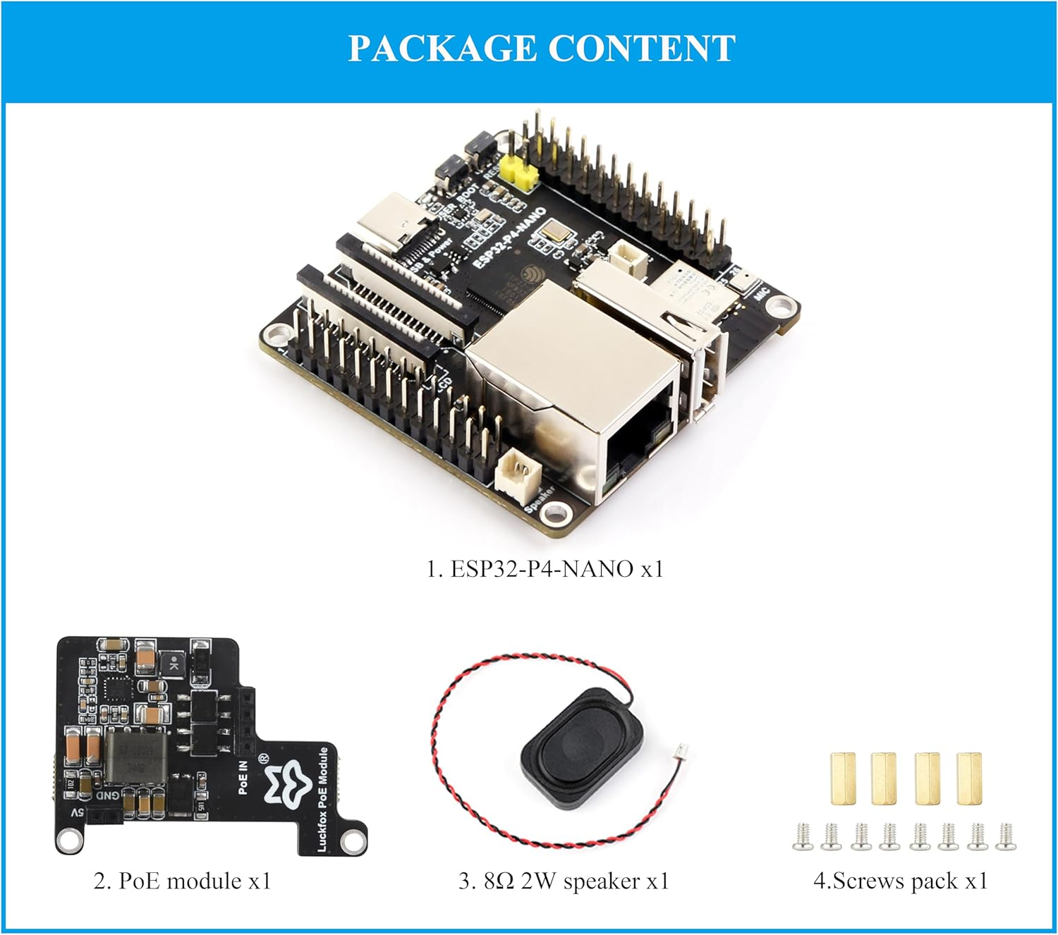 ESP32-P4-NANO Development Board, ESP32-P4 Chip: RISC-V Dual-Core and Single-Core Processors, Human-Machine Interfaces: MIPI-CSI, MIPI-DSI, USB, ETH, Etc. Comes with Speaker and Poe Module, 4 Items image number 4