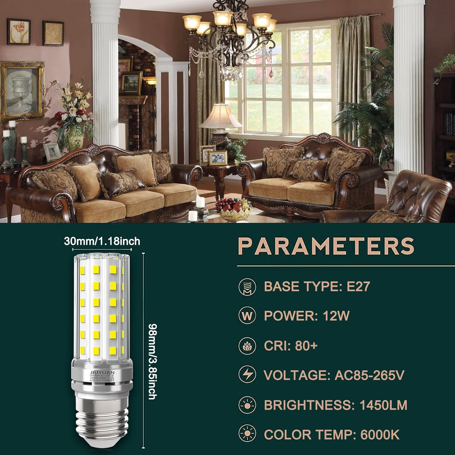 E27 LED Corn Bulb 12 W Light Bulb Cool White 6000 K 1450 LM Replaces Bulbs 100 W, Edison Screw Lamps Candle Light Corn Cob Energy Saving Bulb Bulbs Not Dimmable - Pack of 4