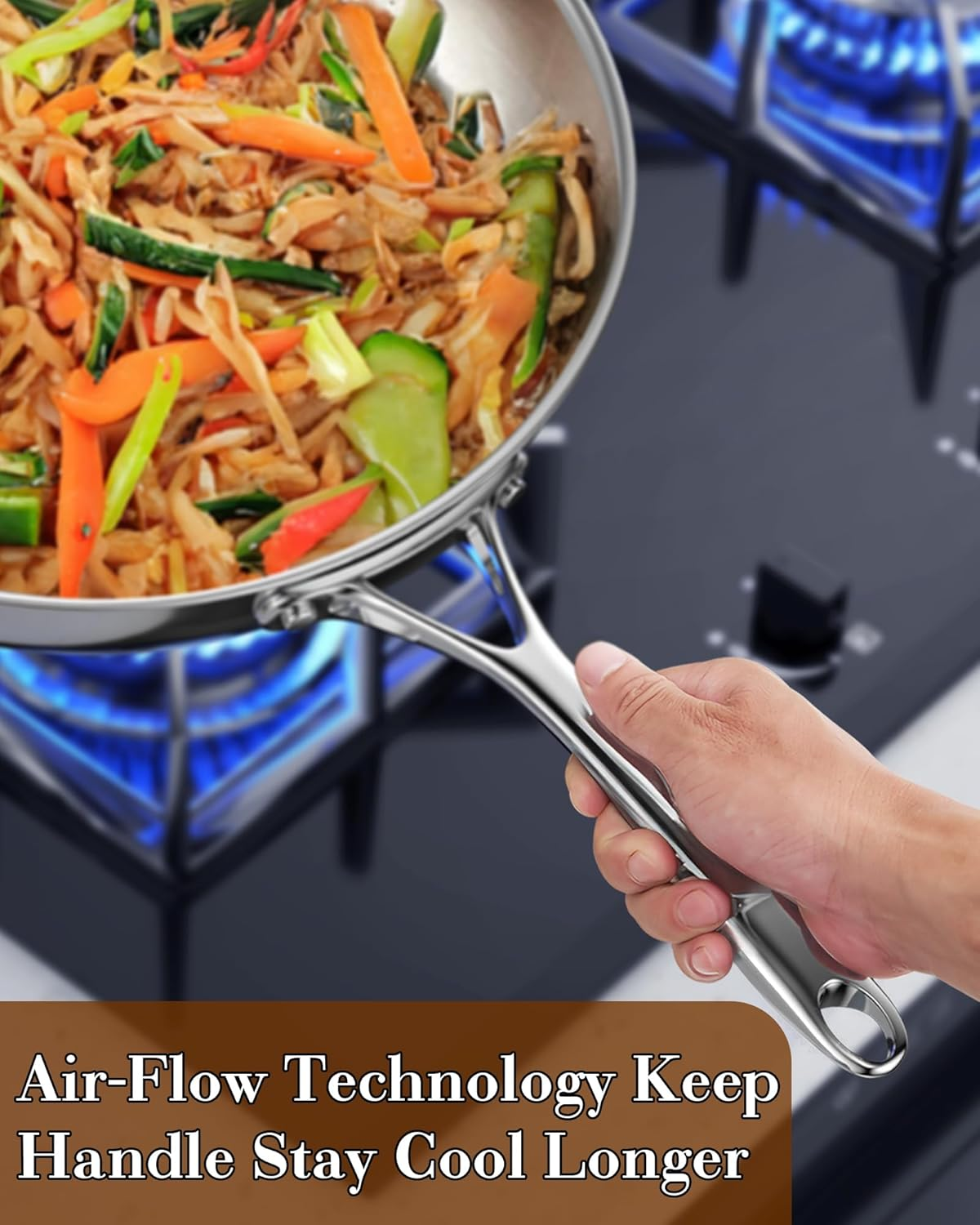 Cooks Standard Wok Pan Stainless Steel, 12-Inch Multi-Ply Clad Stir Fry Pan with Glass Lid, Induction Cookware, Silver image number 3