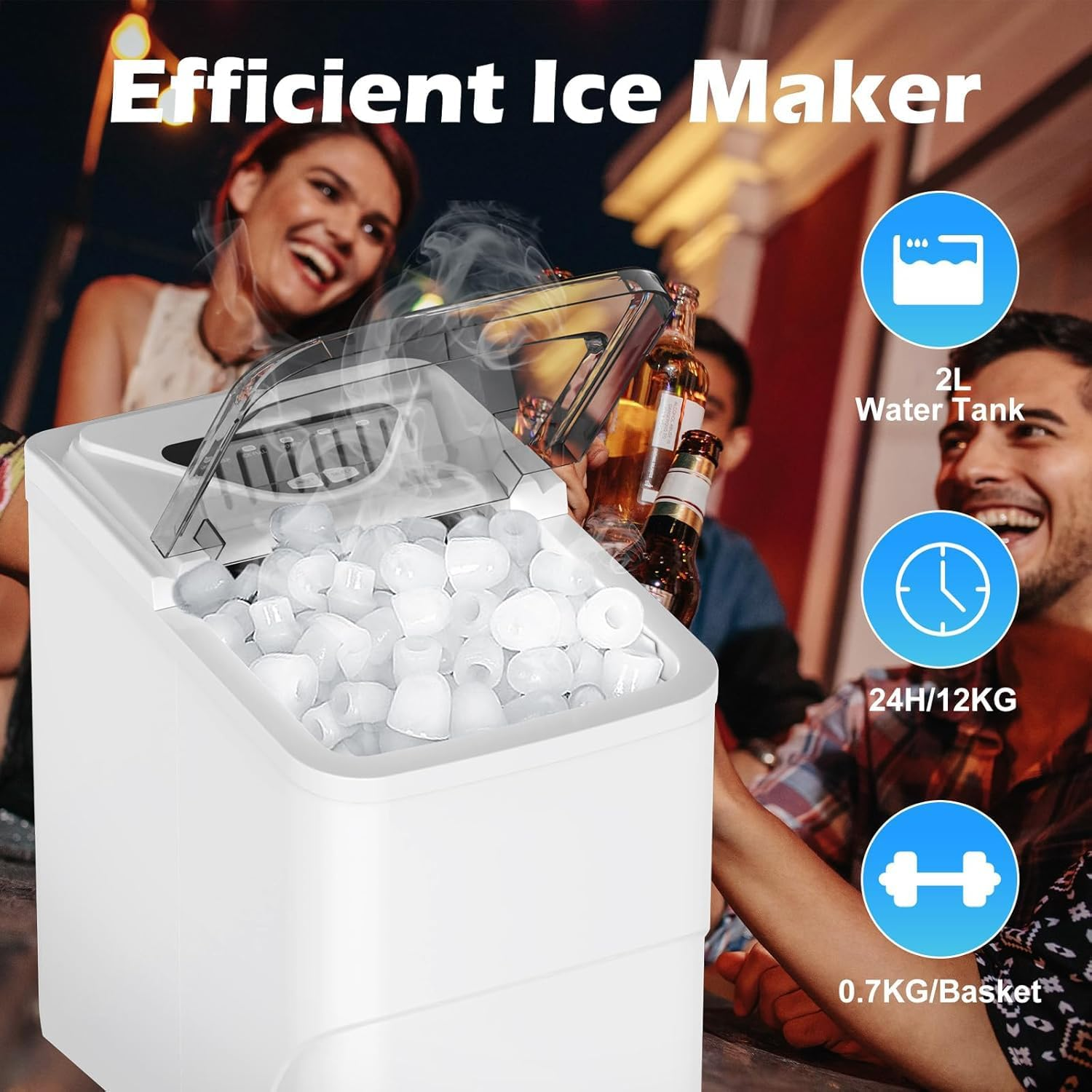 Advwin Ice Maker, 12KG Countertop Electric Self-Cleaning Icemaker, 2 Sizes of Bullet Ice, 26Lbs/24H, Fast Freeze, Scoop & Removable Basket, for Home Party Office, White Portable Icemachine, White image number 3