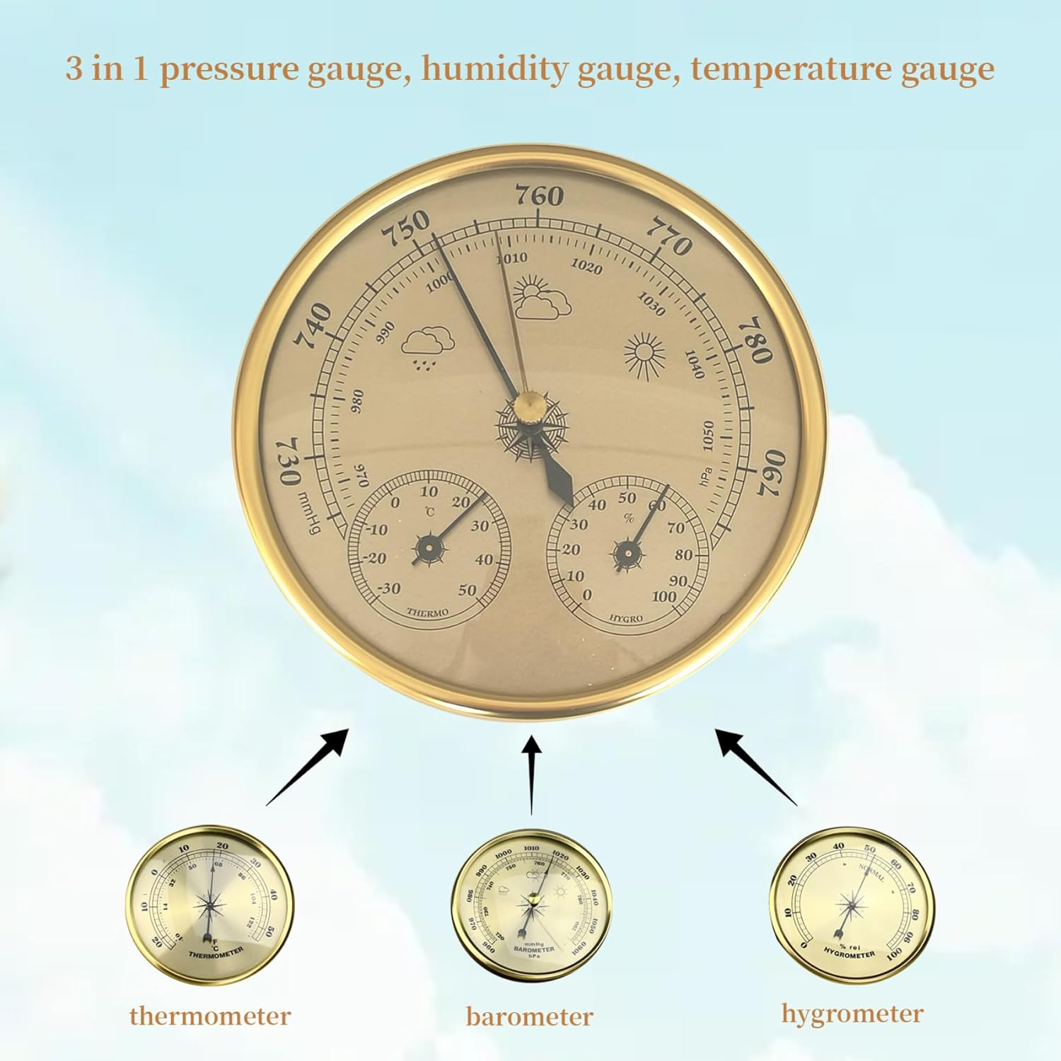 Barometer 3 in 1 Barometer Indoor 5 Inch in Dia Metal Barometer Thermometer Hygrometer Golden Weather Barometer with Temperature Humidity Weather Station for Indoor Outdoor Home image number 5