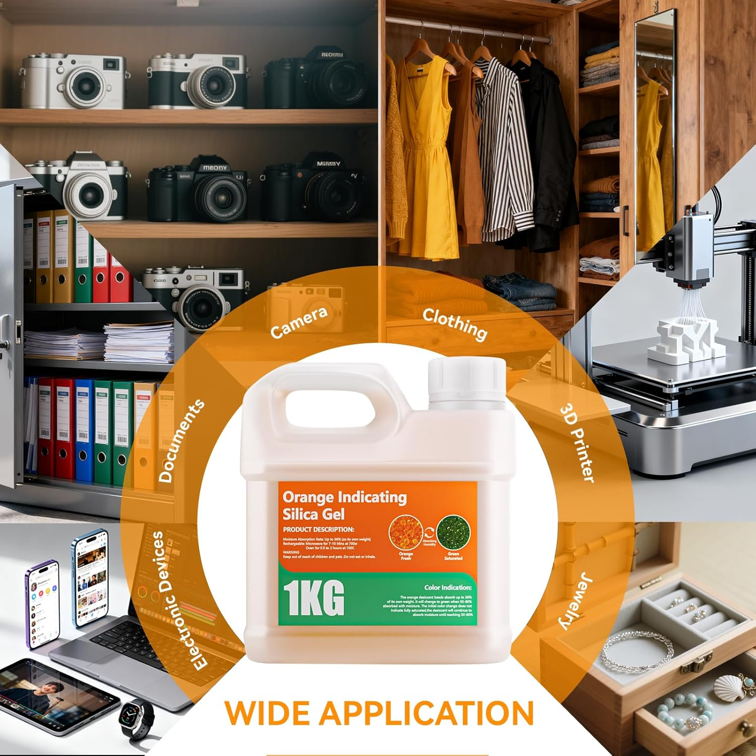 1KG Silica Gel Beads,Orange Moisture Indicating Rechargeable Silica Gel Desiccant Packets for 3D Printer Accessories, Filament Dryer,Filament Storage(Industry Standard 2-4Mm) image number 4