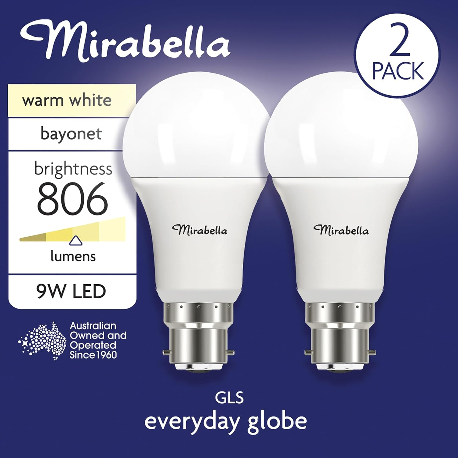 Mirabella LED 2PK GLS BC 9W 806Lum 2700K Warm White image number 4