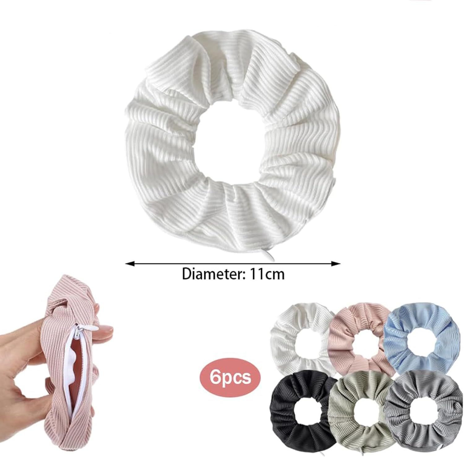 Gurxi Pack of 6 Hair Bobbles with Zip, Scrunchie Scrunchies, Women'S Hair Tie, Velvet Hair Friendly Hair Bobbles, Soft Elastic, Colourful Hair Accessories for Girls, Women, Ponytail