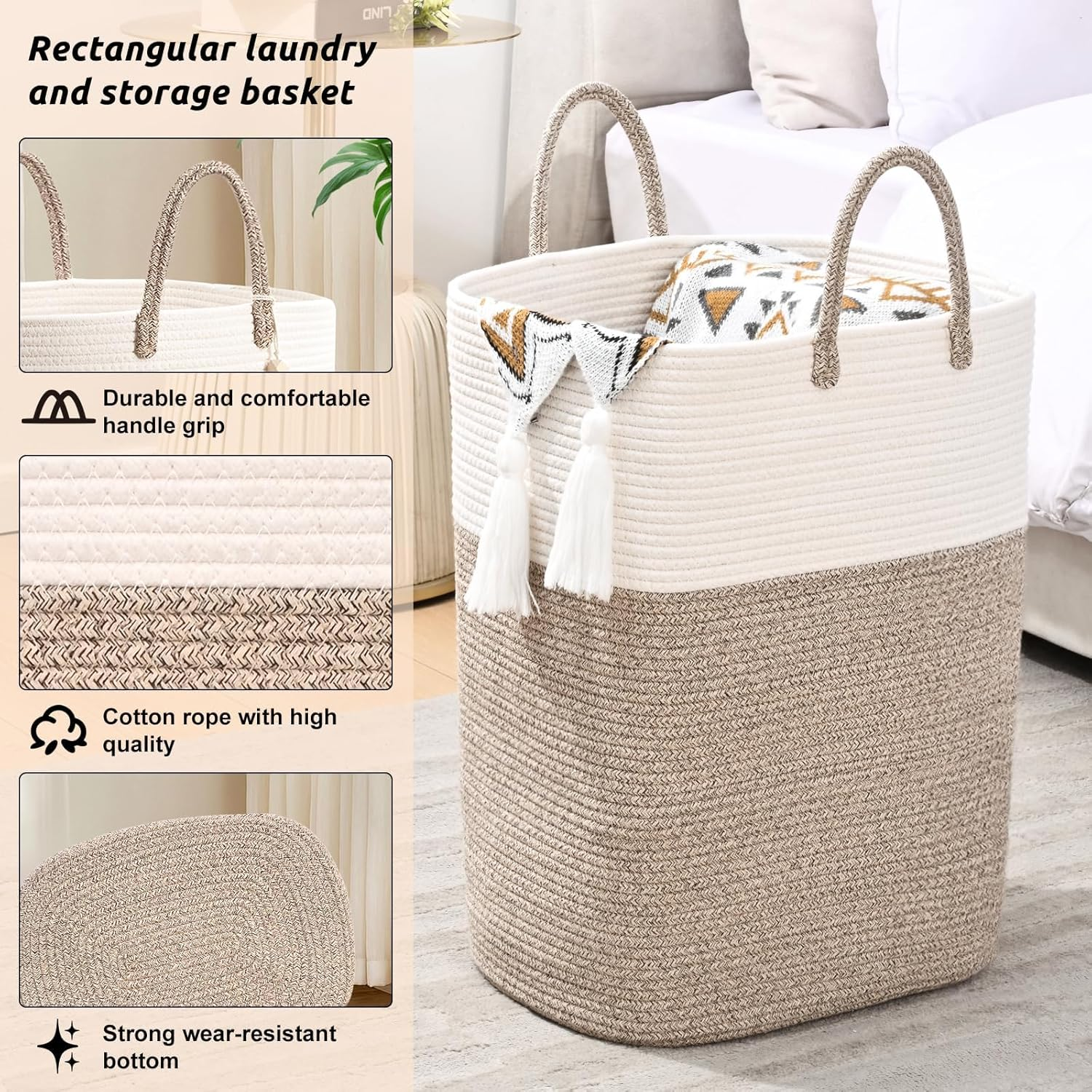 Laundry Basket, Woven Cotton Rope Laundry Hamper, 60L for Decor Storage of Dirty Clothes, Baby Toys and Blankets in Bathroom, Nursery, Baby Room, Bedroom and Living Room image number 6