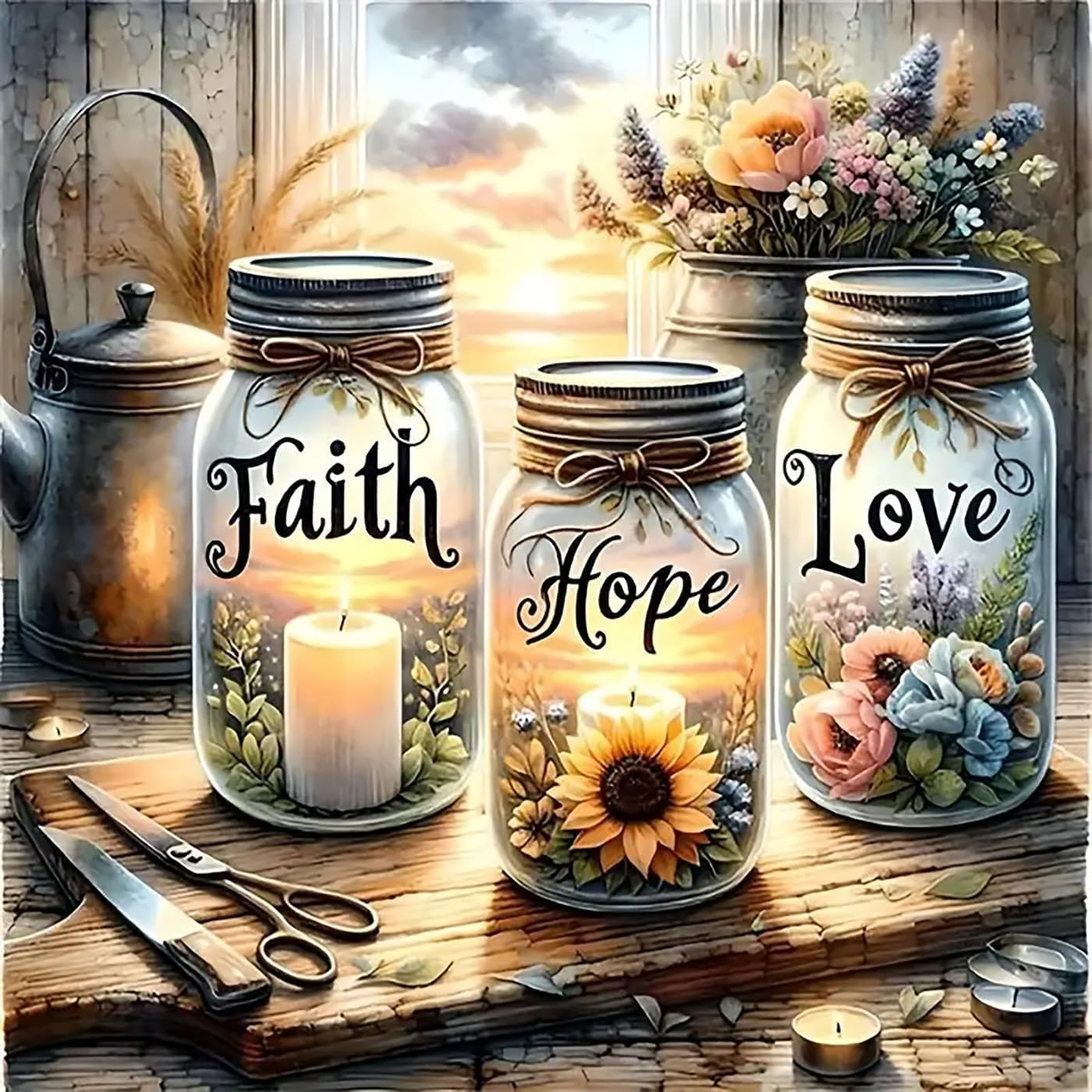 Paint by Number Canvas Kit for Adults- DIY Beginner Easy Paint by Number Kits Faith, Hope, Love Wishing Bottle, Oil Paint by Color Acrylic Painting Home Wall Decor 16X16Inch
