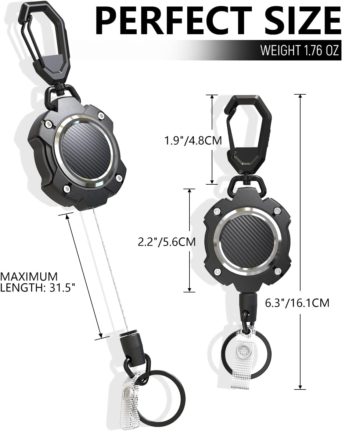 LIUGX 2 Pack Retractable Keychain, Heavy Duty Carabiner Key Chains, 10,000+ Rebound, Impact Resistance ID Badge Reels with 31.5&rdquo; Wire Rope and Key Ring, up to 8Oz, Aluminum Ring, Carbon Fiber-Texture - Gold image number 7