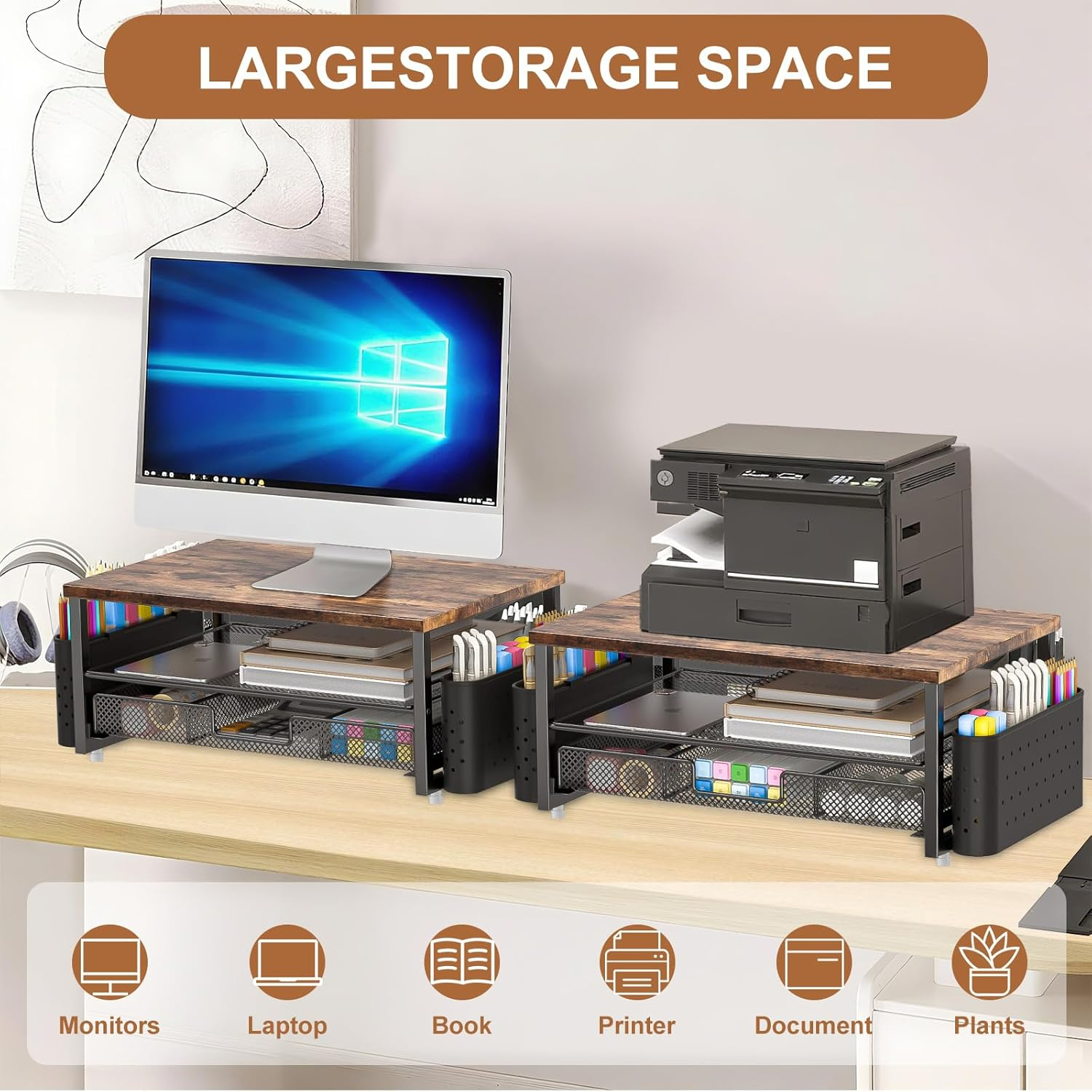 2 Tier Monitor Stand, 16 Inches Monitor Stand Riser with Drawer & 2 Pen Holders, Wooden Desktop Monitor Stand for Tv/Screen/Computer/Laptop image number 3