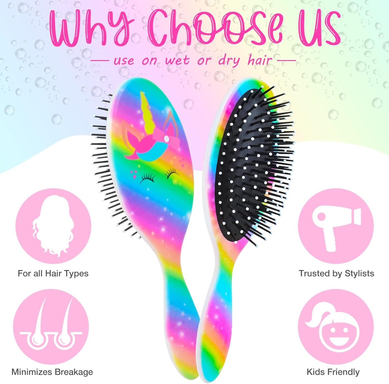Girls Detangling Brush for Curly, Wet/Dry, Thick Hair - Pain-Free Brushing for Women (Rainbow Unicorn) image number 5