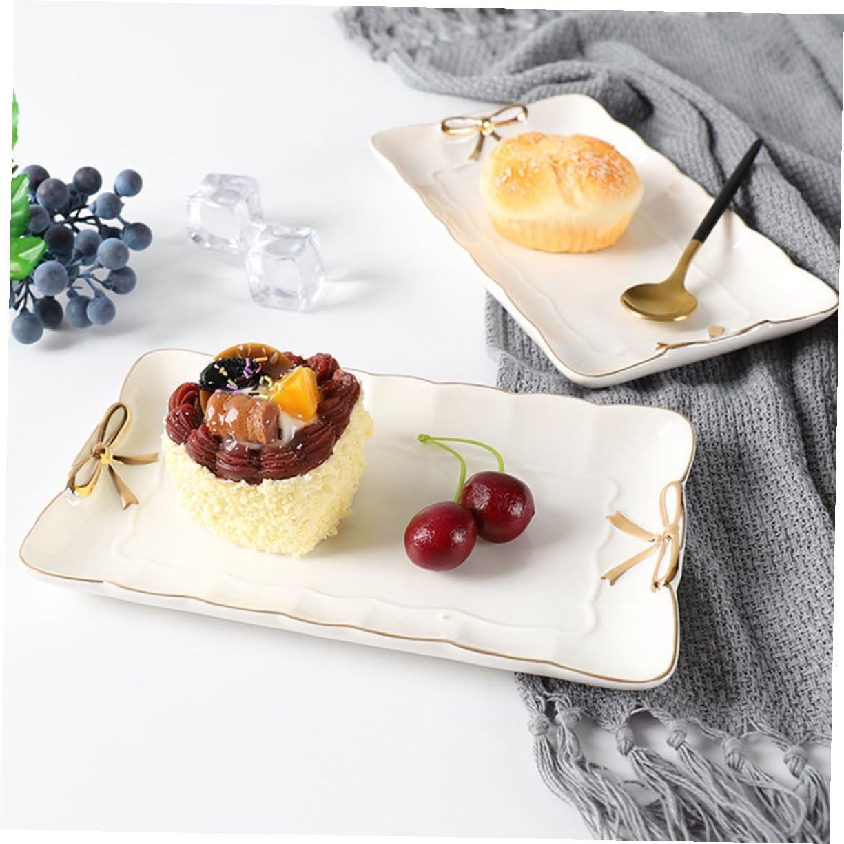 FRCOLOR Elegant Ceramic Jewelry Tray with Lace Edge Multi-Purpose Dessert Serving Dish and Appetizer Plate for Coffee Table Vanity Dining Kitchen and Home White Decorative Platter image number 6