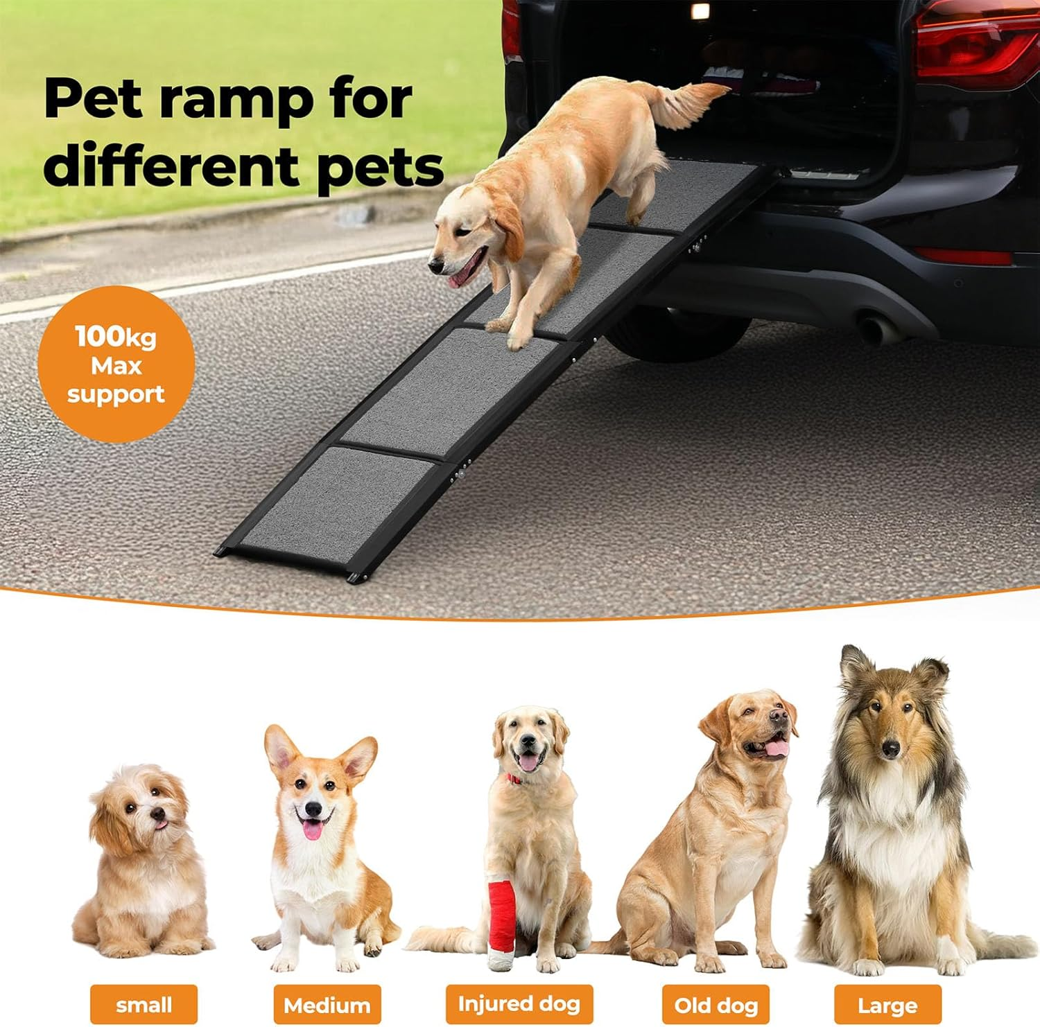 Pawz Extra Long 160Cm Foldable Dog Ramps Large Dogs, Pet Ramp for Car with Non-Slip Rug Surface, Pet Stairs Portable, 44Cm Wide Pet Steps for Medium & Large Dog up to 100Kg Get into Car SUV Truck,Grey image number 6