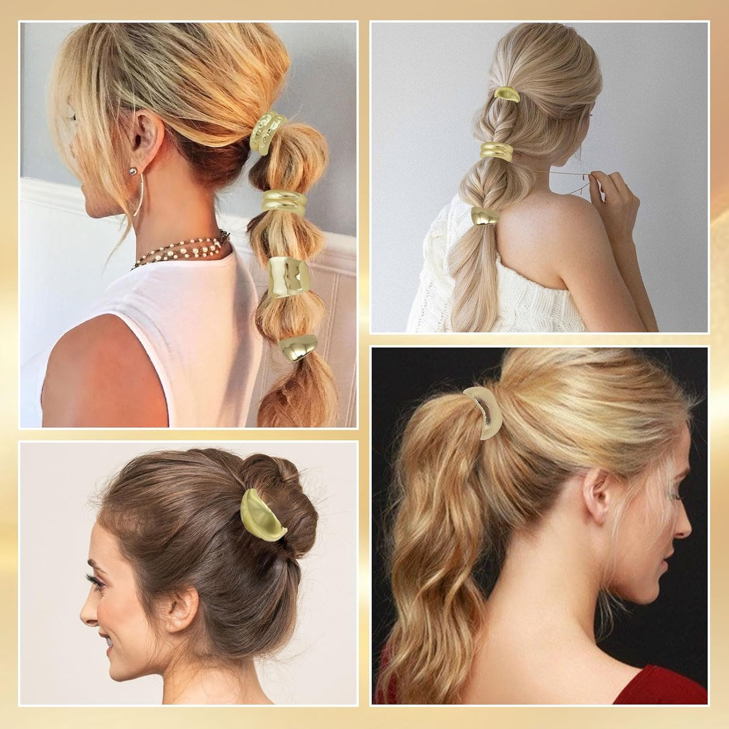 SAIIURV Pack of 6 Gold Hair Scrunchies Metal Ponytail Holders for Women and Girls, Geometric Style Hair Accessories, Elastic Hair Ties, Straight and Curly Hair Accessory for Daily Party, Festival