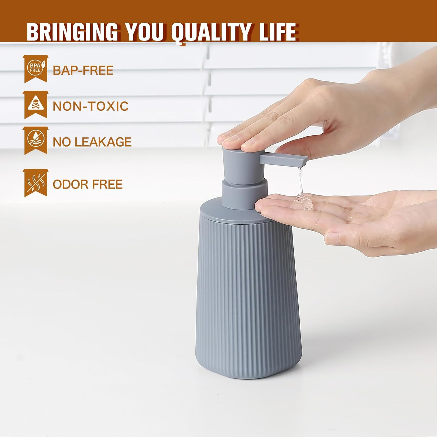 Grey Soap Dispenser, Small Hand Soap Dispenser for Bathroom, Refillable Dish Soap Dispenser for Kitchen Countertop, Modern Striped Liquid Soap Dispenser with Pump (Grey, Liquid) - Beige image number 2