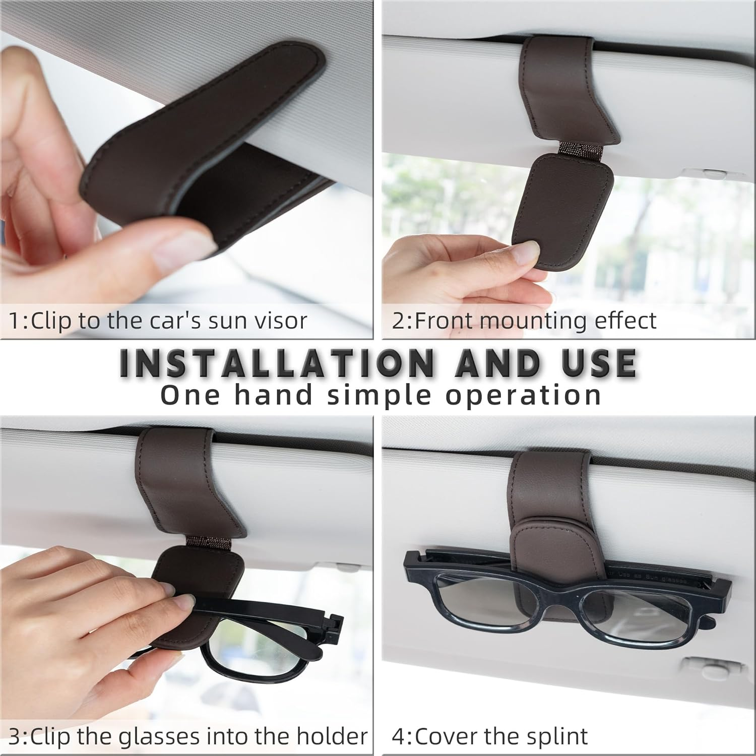 Sunglasses Holder for Car Sun Visor, Magnetic Leather Glasses Eyeglass Hanger Clip for Car, Universal Car Interior Visor Accessories for Woman Man, Brown image number 6