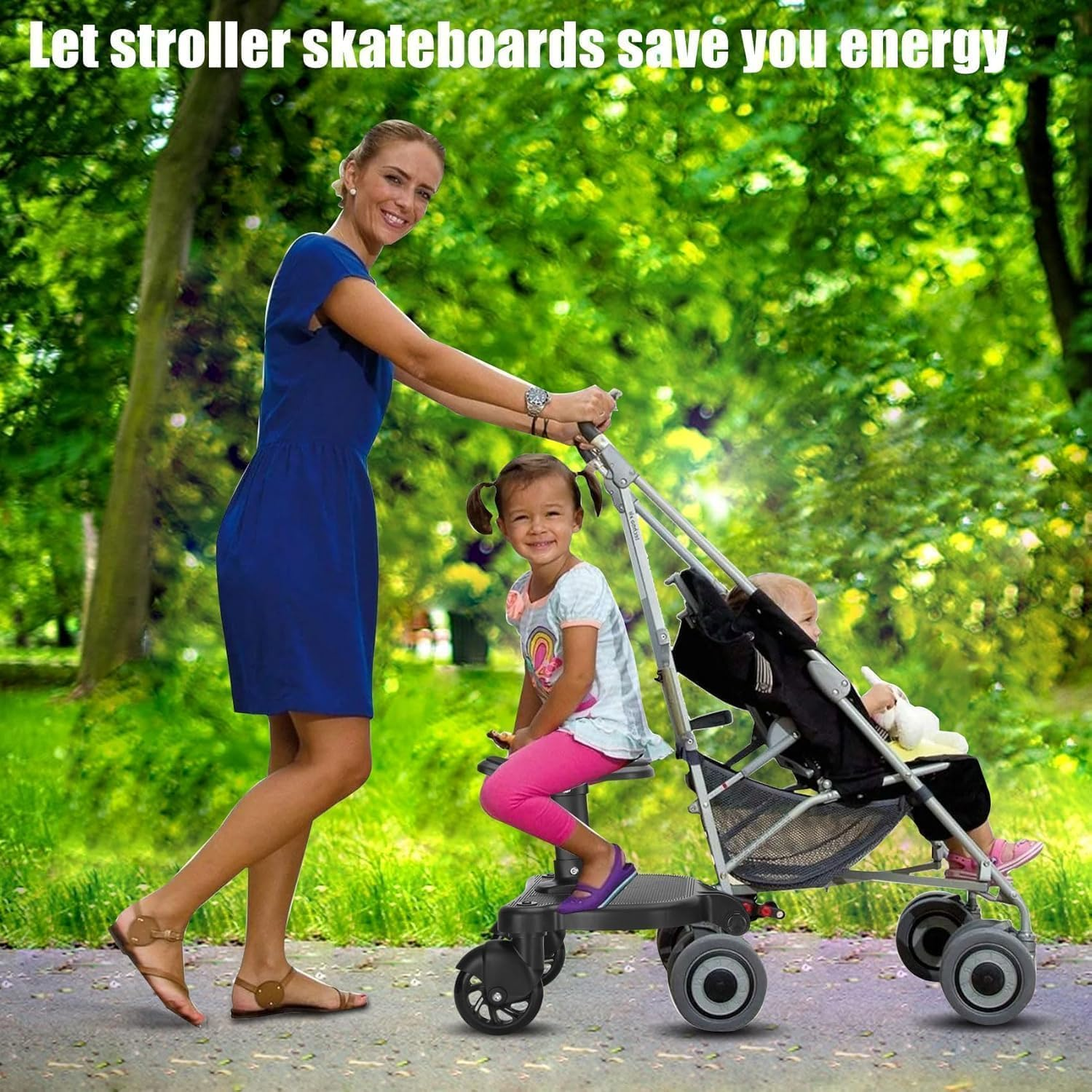 Universal Stroller Board Pedal, Kiddy Boards, 2 In1 Stroller Board with Seat, Stable Two Wheel Design, Adjustable Buggy Board, Holds Children up to 55 Lbs Stroller Standing Board