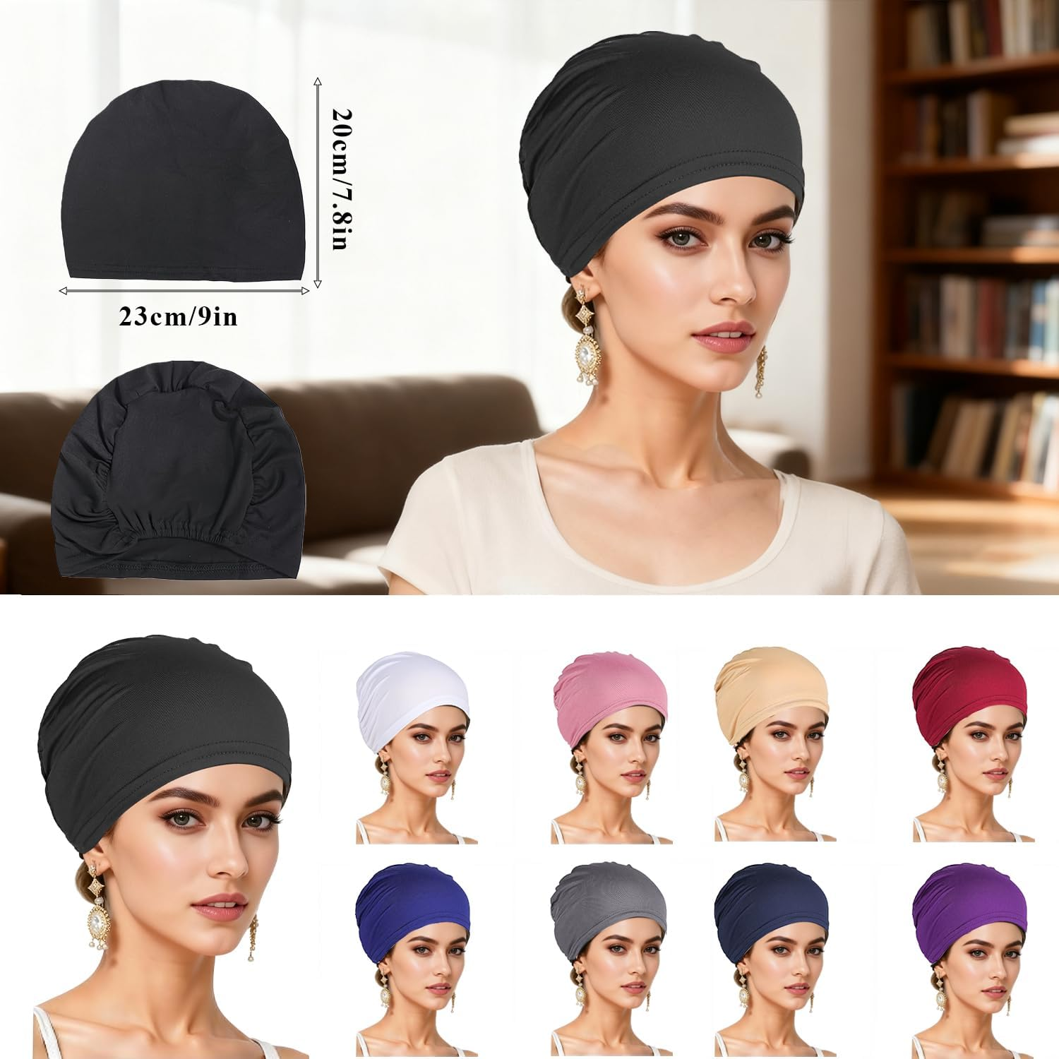 9 PCS Chemo Hats for Women, Breathable Cancer Headwear Elastic Chemo Hats for Hair Loss, Solid Beanie Skull Cap for Sleeping, Hair Bonnet for Patients Recovery, Daily Wear image number 5