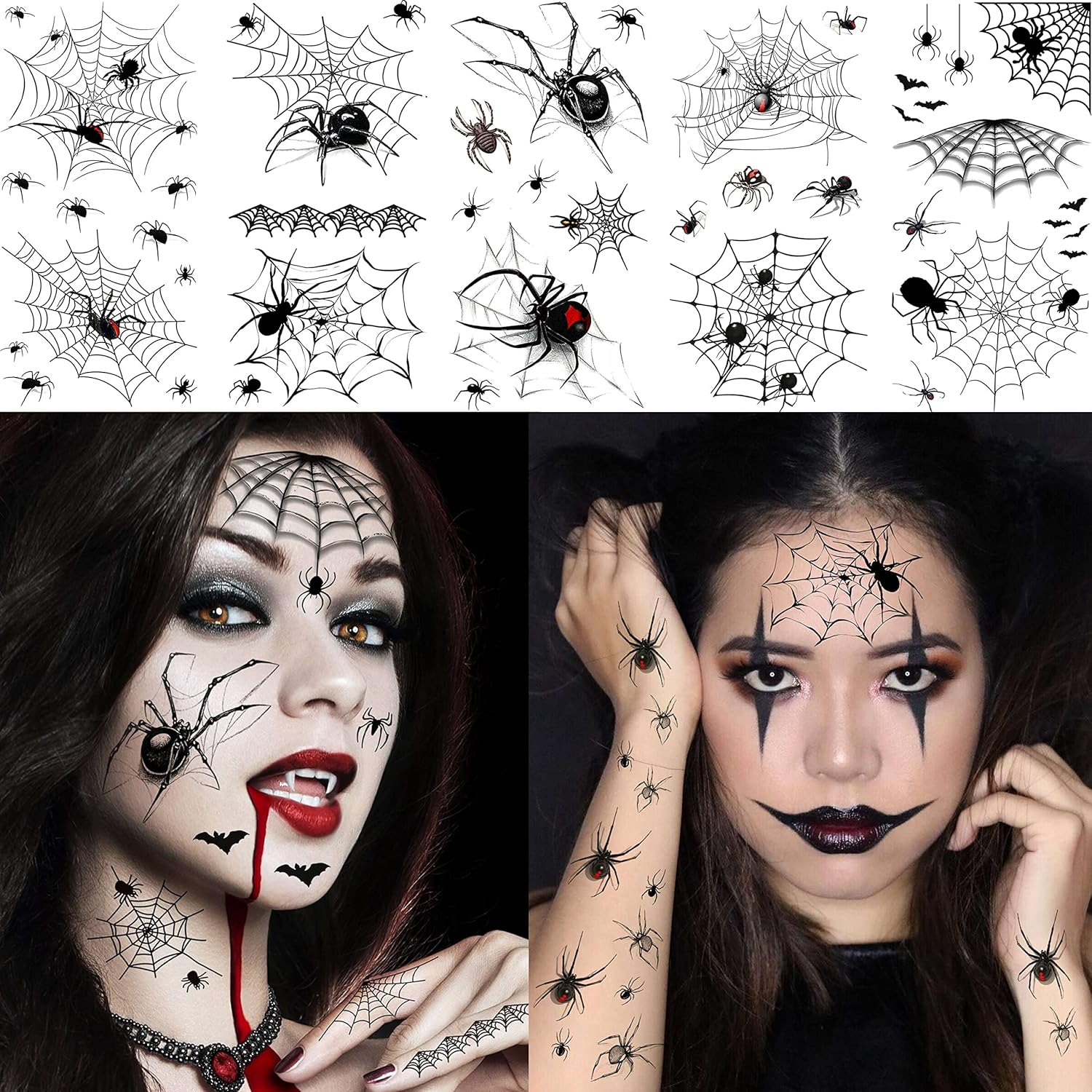 COKTAK 8 Sheets Large 3D Spider Web Temporary Tattoos Halloween Makeup Kit for Women Adults Realistic Witch Bat Zombie Fake Face Tattoos Sticker for Kids Men Adults Scary Halloween Decals Spiderweb image number 2