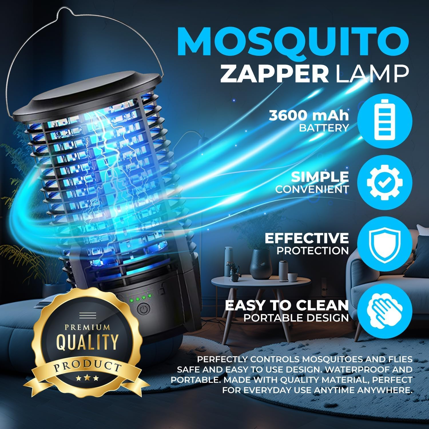 Bug Zapper Electric Flytrap, Rechargeable Mosquito Zapper 4200V Fly Zapper with LED Light Insect Killer, Fly Killer IPX5 Waterproof Mosquito Trap Outdoor for Patio, Backyard, Garden image number 2