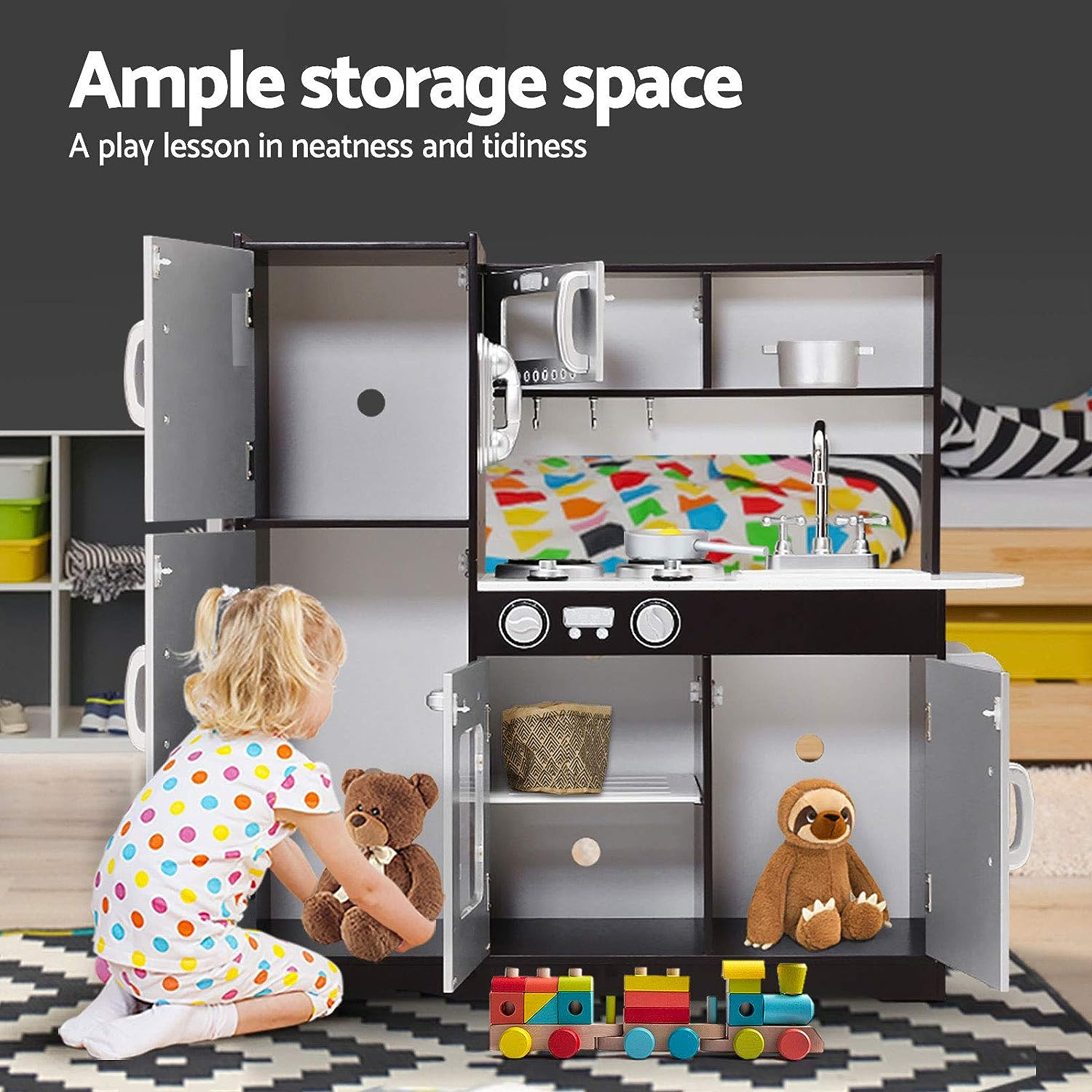 Keezi Kids Kitchen Set Pretend Play Food Playset Wooden Toys Mud Kitchens Children Cooking Cookware Sets Toy Home Cubby House Furniture for Boys Girls, Easy Cleaning White image number 4