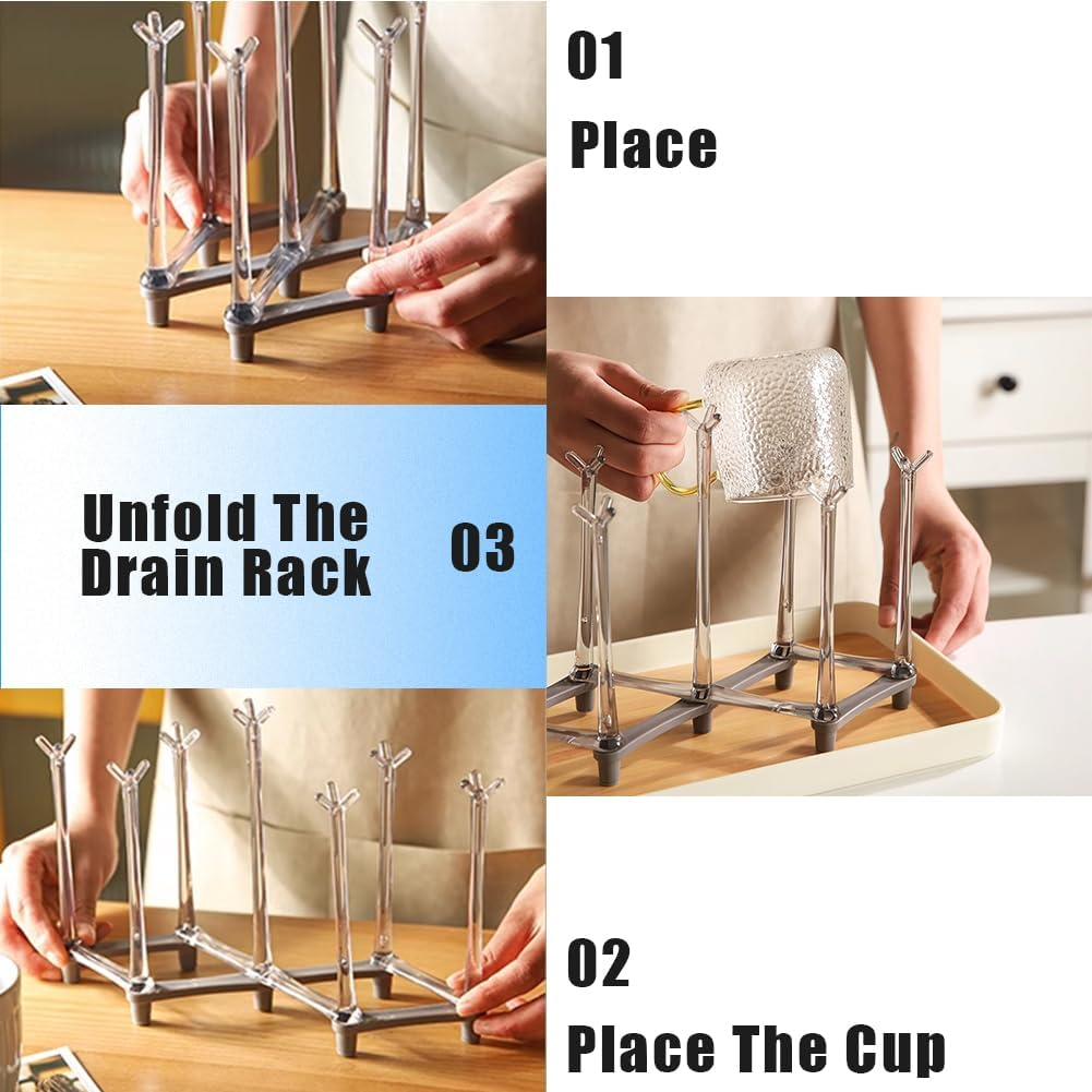 Retractable Cup Drying Rack, Water Bottle Organizer Drinking Glass Tree with Non-Slip Bottom for Kitchen Countertop(Light Grey) image number 5