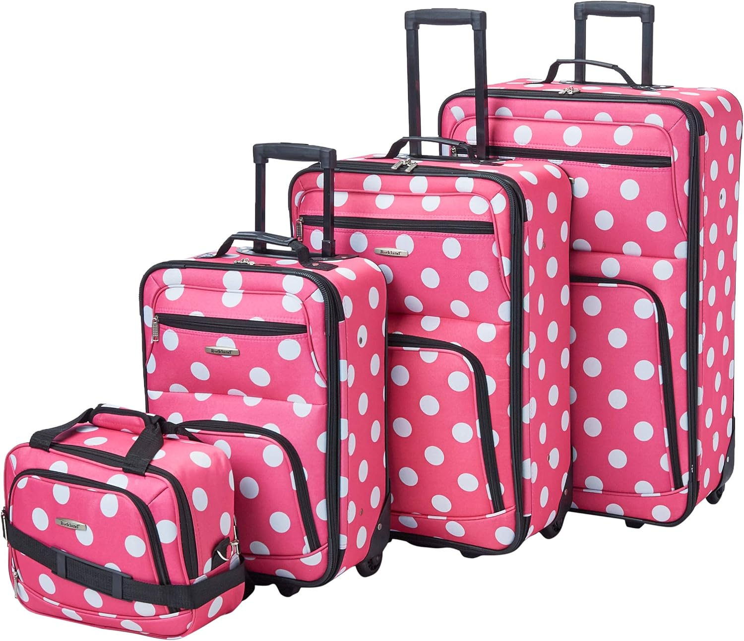 Rockland Polka Softside Upright Luggage Set, Black Dot, 4-Piece Set (14/19/24/28), Polka Softside Upright Luggage Set