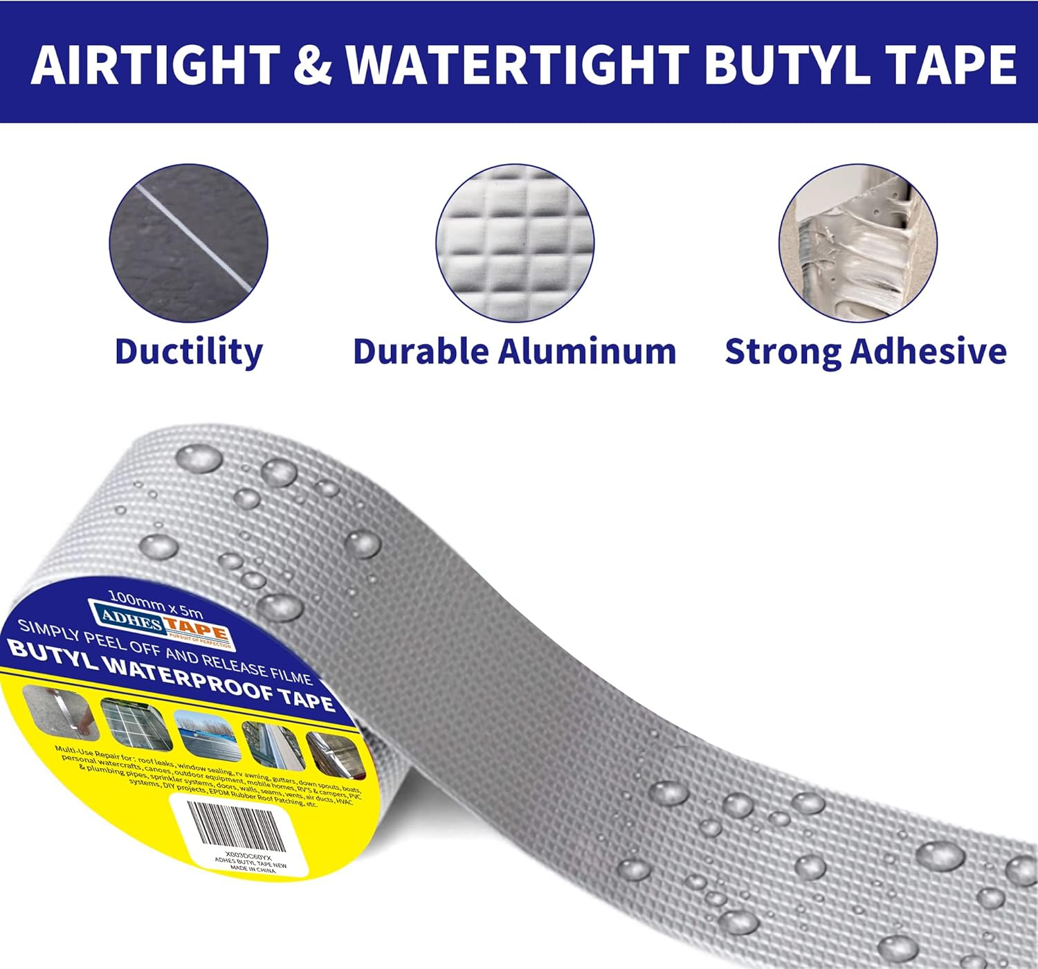 ADHES Aluminum Butyl Tape 150Mm X 5M, Butyl Sealant Super Waterproof Tape for Roof Patching, Boat and Pipe Sealing, Skylight Window Repairing image number 2