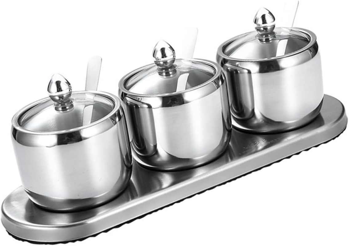 KICHOUSE Stainless Steel Seasoning Jars Set of 3 with Base, Salt Storage Containers, Spice Canisters for Kitchen Dining, 304 Stainless Steel Condiment Pots for Home Cooking and Table Use image number 5