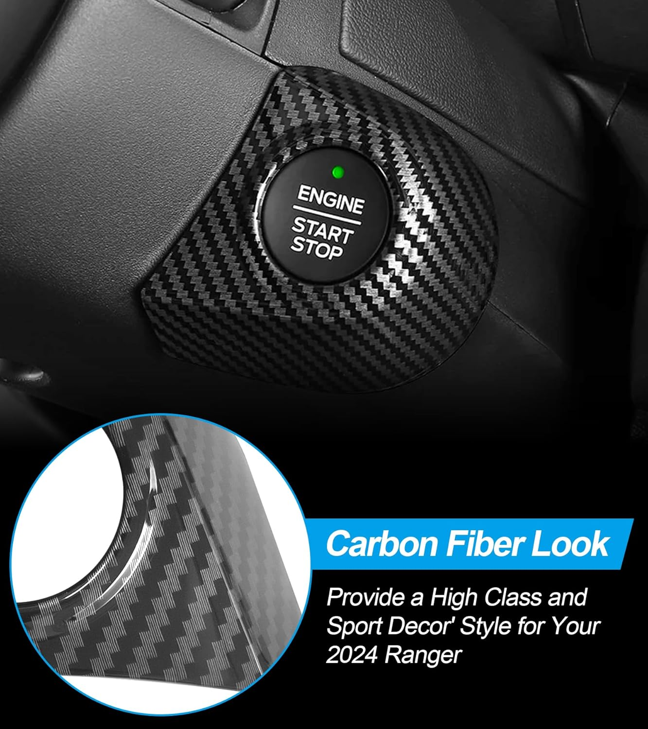 Car Engine Start Stop Push Start Button Cover Trim Compatible with 2024 Ford Ranger XL XLT Lariat Raptor, Start Cover Car Power Control Trim Ignition Starter Switch Cover (Carbon Fiber Look) image number 5