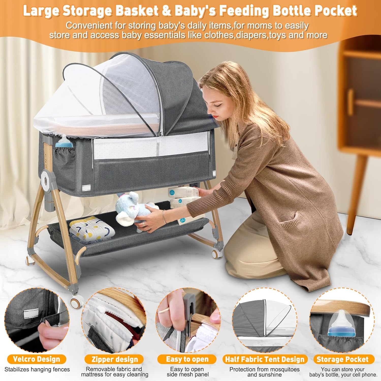 3 in 1 Baby Bassinet, Bedside Sleeper for Baby, Bedside Crib with Wheels & Storage Basket & Mosquito Net, Height Adjustable Baby Bed, Portable Bassinet for Newborn/Infant image number 4