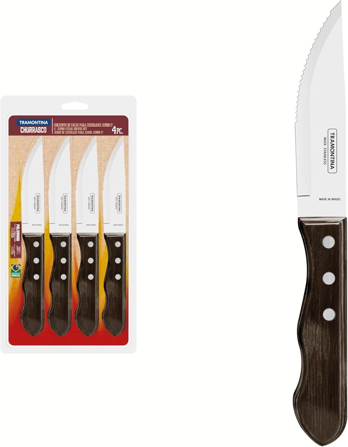 Tramontina Jumbo Steak Knife Set, Stainless Steel, Dishwasher Safe, Real Wood Handles, FSC, (4 Pieces, Brown), 25.5
