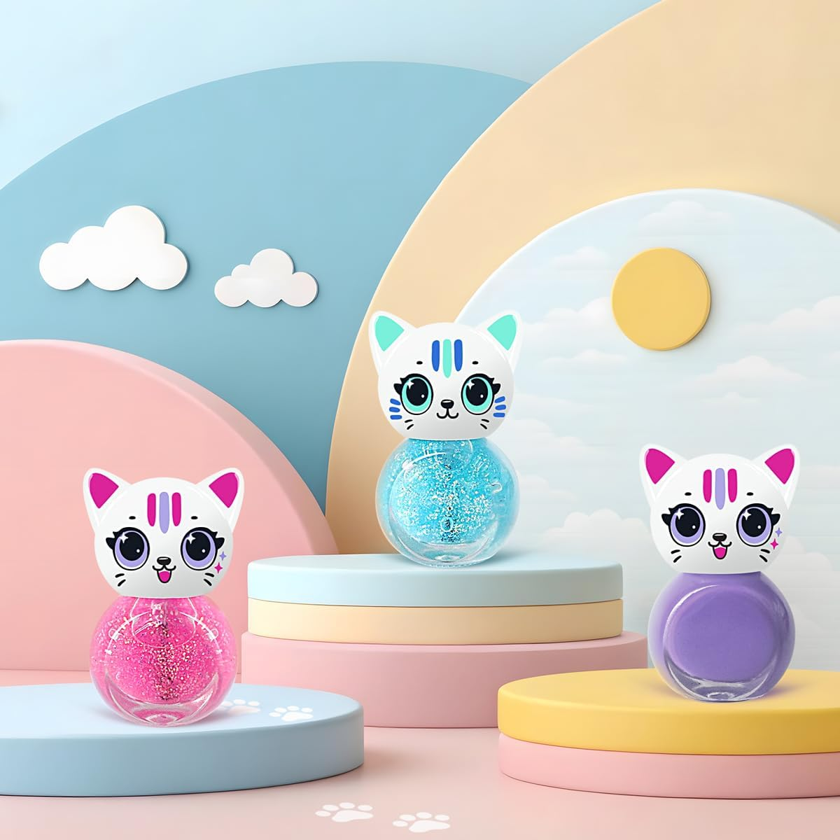 Cat Shape Water Based Nail Polish Set - Beauty4Britain 14 Colours Quick Dry Peel off with Cat Nail Stickers Gift Box Included image number 4