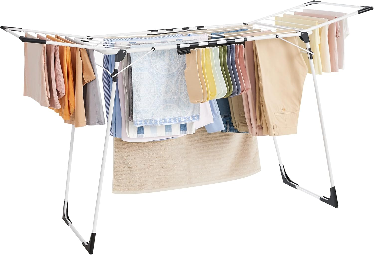 SONGMICS Clothes Drying Rack, 22.2 X 68.1 X 38 Inches Laundry Drying Rack Foldable, Space-Saving, with Gullwings, Sock Clips, Metal Structure, for Clothes, Towels, Linens, White ULLR518W01
