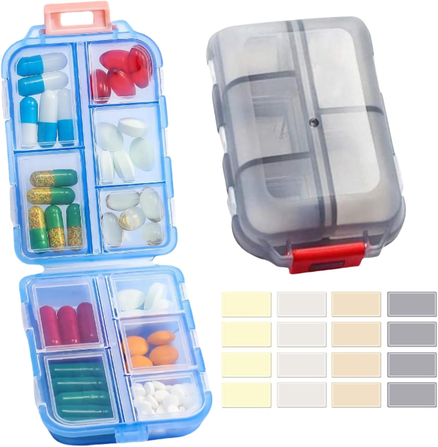 2 Portable Pill Box Organisers, 10 Compartments for Different Medications, Can Be Used for Pills/Capsules/Vitamins/Fish Oil/Accessories Etc,Blue