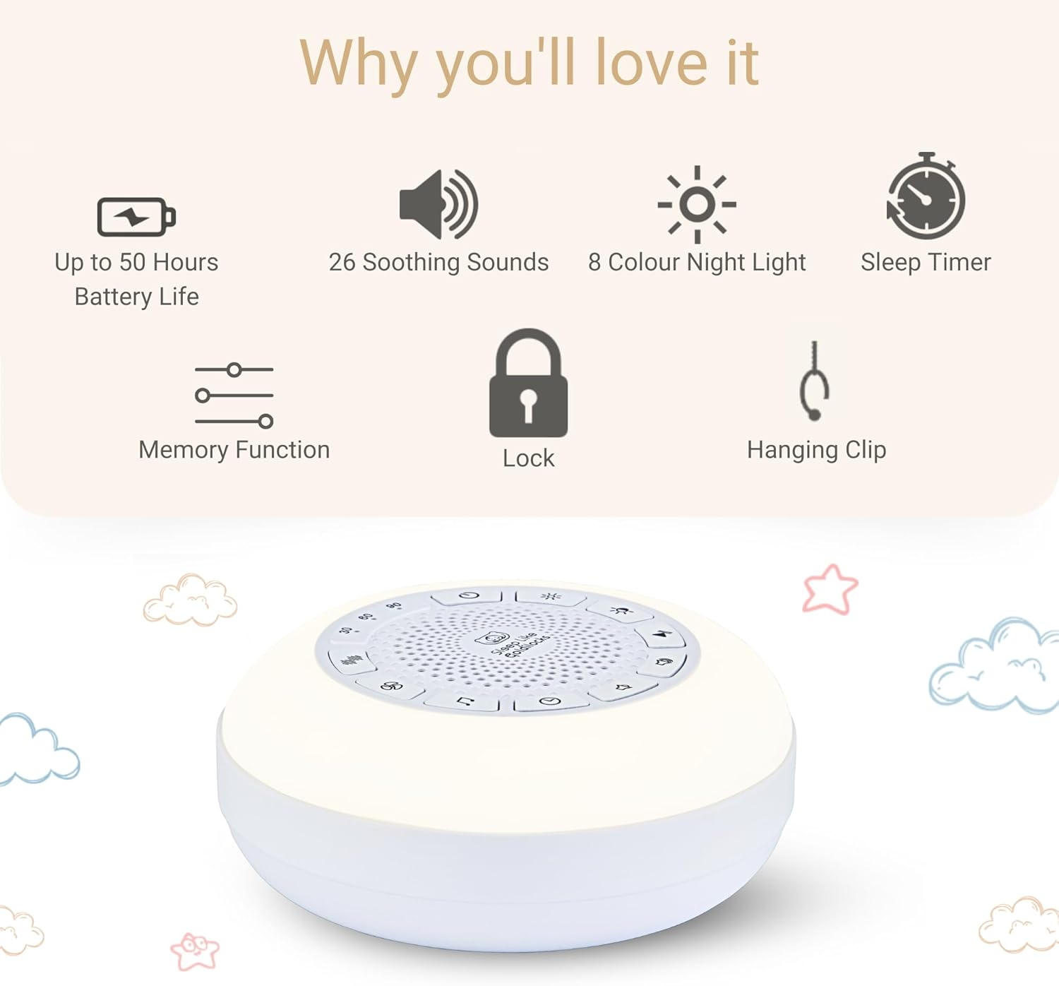 Sleep like Goldilocks - Sound Sleeper | Baby White Noise Machine & Night Light | 26 Soothing Sounds, Dimmable LED Light, 8 Colours Including Red Light, USB Rechargeable - up to 50 Hours Battery Life and More | Portable & Travel-Friendly