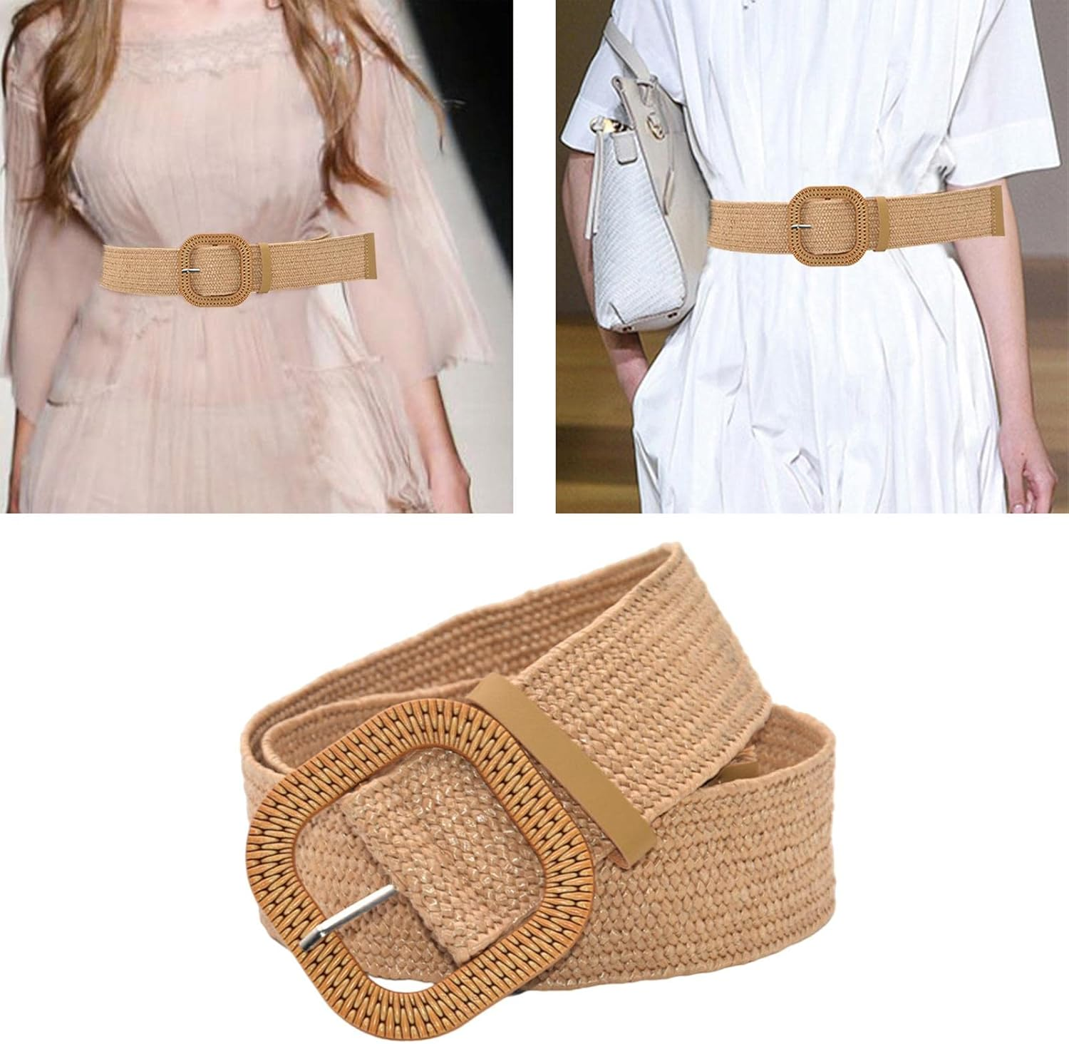 Kowaku Retro Style Wide Straw Woven Waist Belt Elastic Waistband Long for Birthday Women image number 2