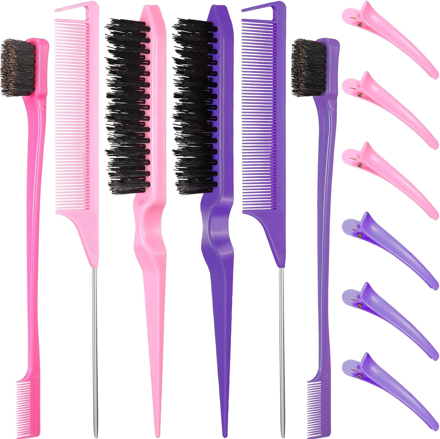 Remerry 12 Pieces Hair Brush Set, Nylon Teasing Hair Brushes 3 Row Salon Teasing Brush, Double Sided Edge Smooth Comb Grooming, Rat Tail Combs with Duckbill Clips for Women(Pink) image number 5