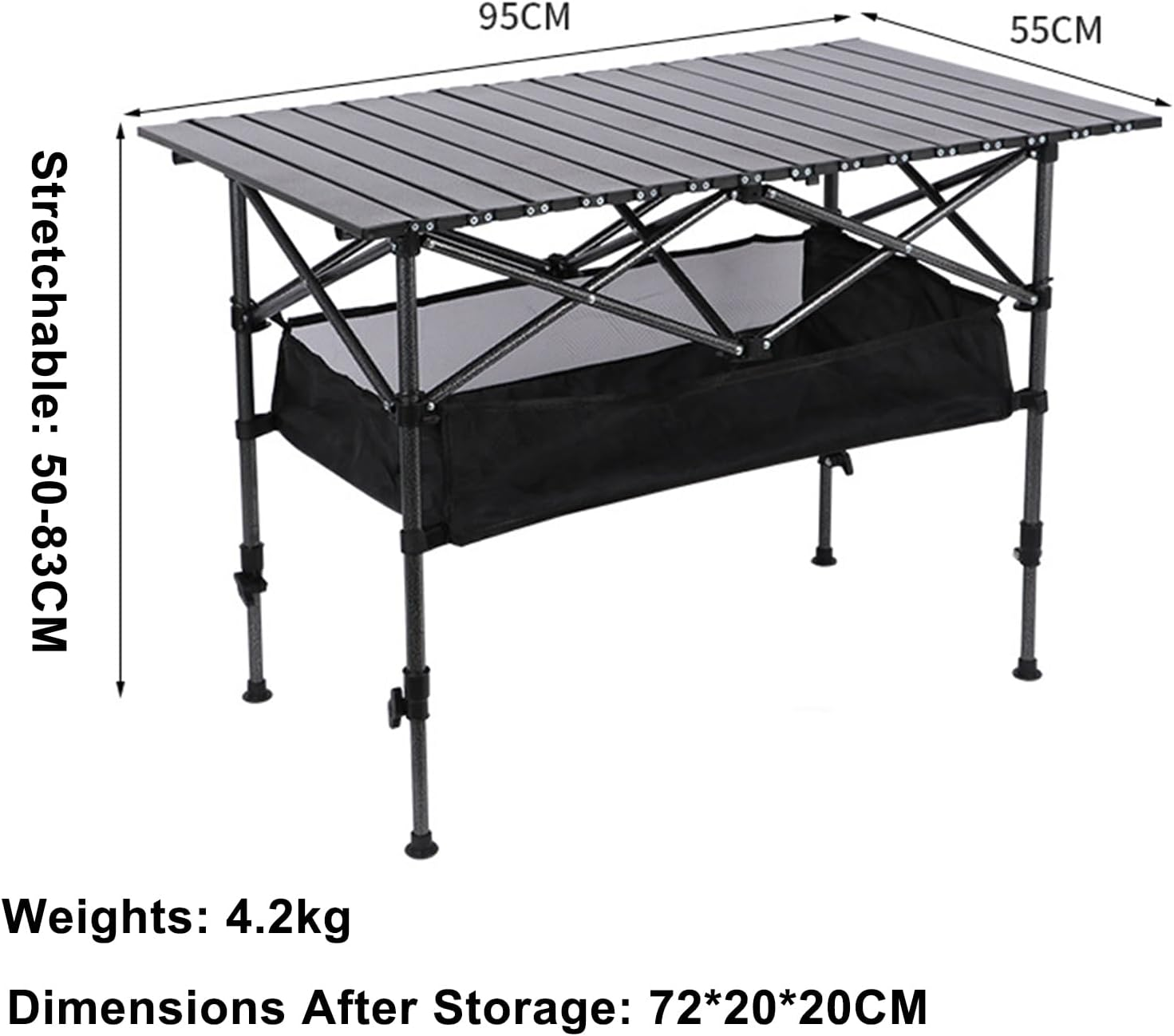 Foldable Camping Table Adjustable Height with Storage Bag, Generous Detachable Tabletop 95X55Cm, Portable Lightweight Picnic Table Quick Setup Capacity 150KG, for BBQ Garden Backyard Poolside image number 6