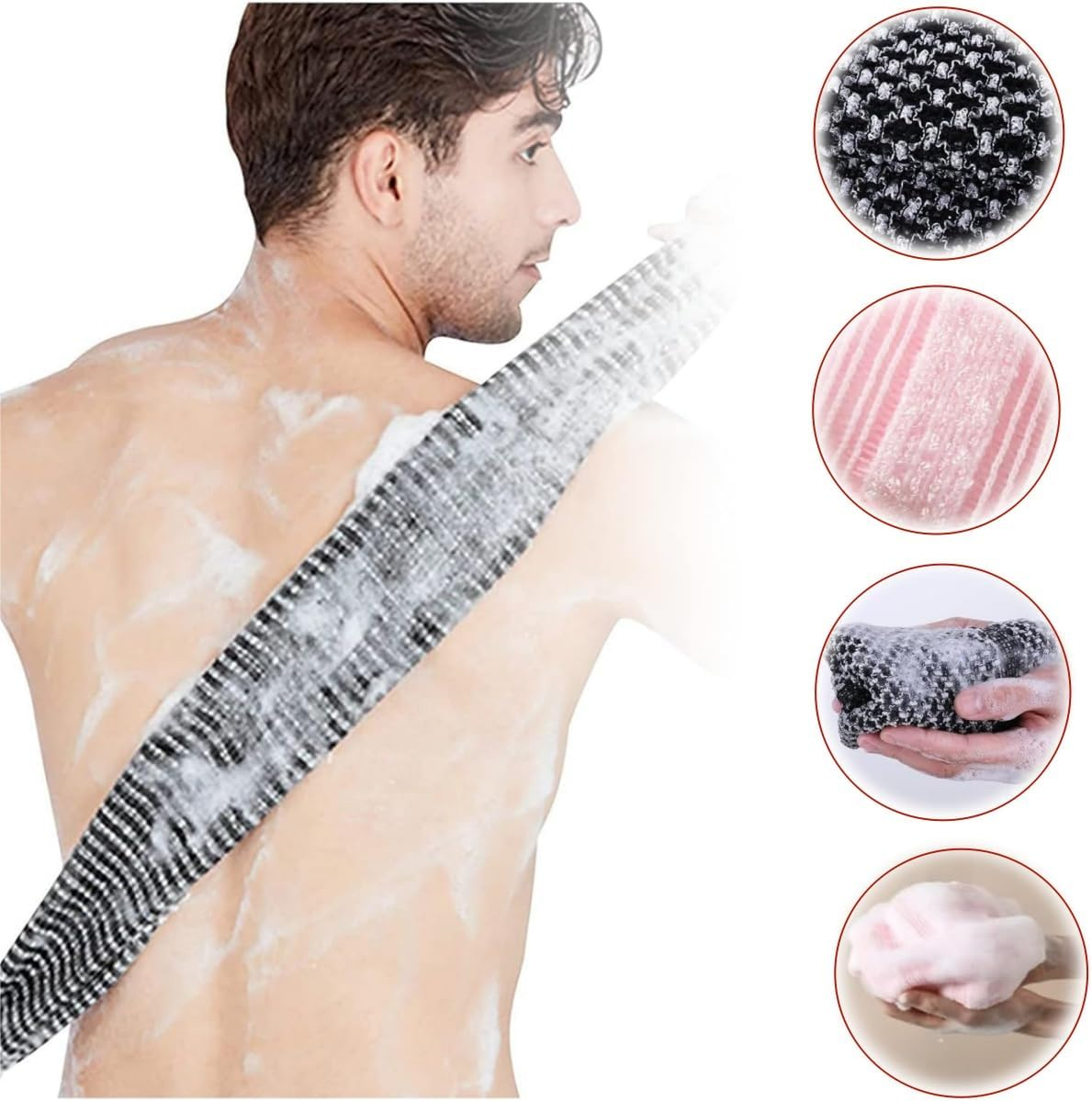 2 Pack Back Scrubber for Shower Bath,Scrub Wash Cloth,Exfoliating Washcloth Towel, Exfoliator Sponge Net Rag Back Washer，Scrub Both Sides for Use in Shower Bath(Black, Pink) image number 2