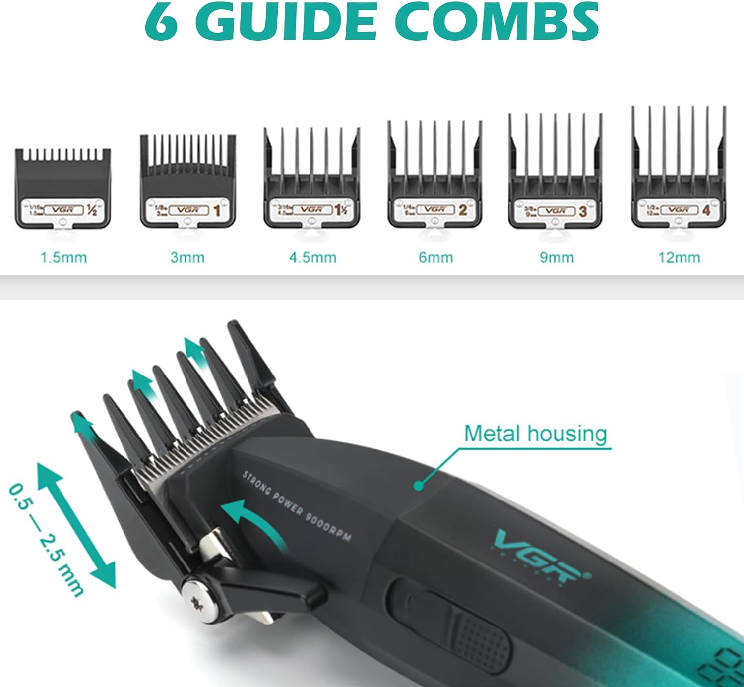 VGR 003 Fresh Fade Hair Clipper, Professional Hair Trimmer, Cord/Cordless Rechargeable Hair Cutting Tools with LED Display, 9000 RPM Barber Clippers, Green image number 4