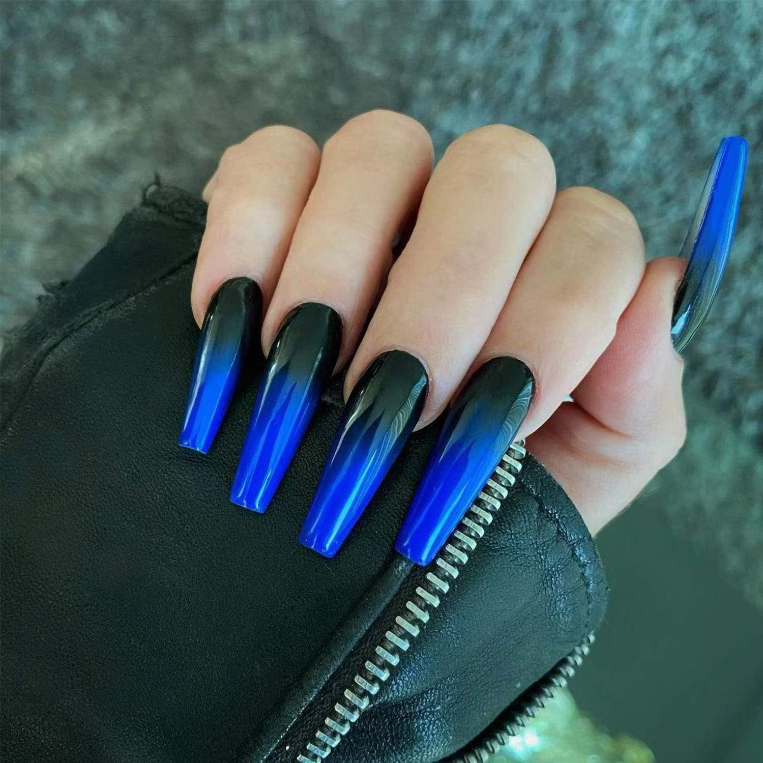 24PCS Extra Long Black Blue Press on Nails,Glossy Gradient False Nail Full Cover Coffin Ballerina Nails Tips for Women Girls Party Salon image number 3