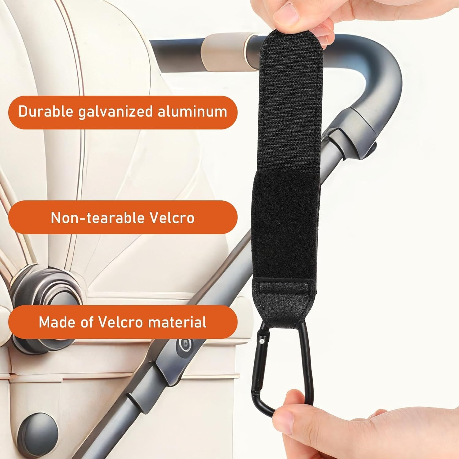 2 Pcs Baby Bag Clips, Leather Buggy Clips Multipurpose Hooks Pram Clips, Pushchair Clips Baby Stroller Hooks with Sturdy Carabiner and Strong Magic Adhesive for Hanging Shopping Handbag Changing Bag image number 6