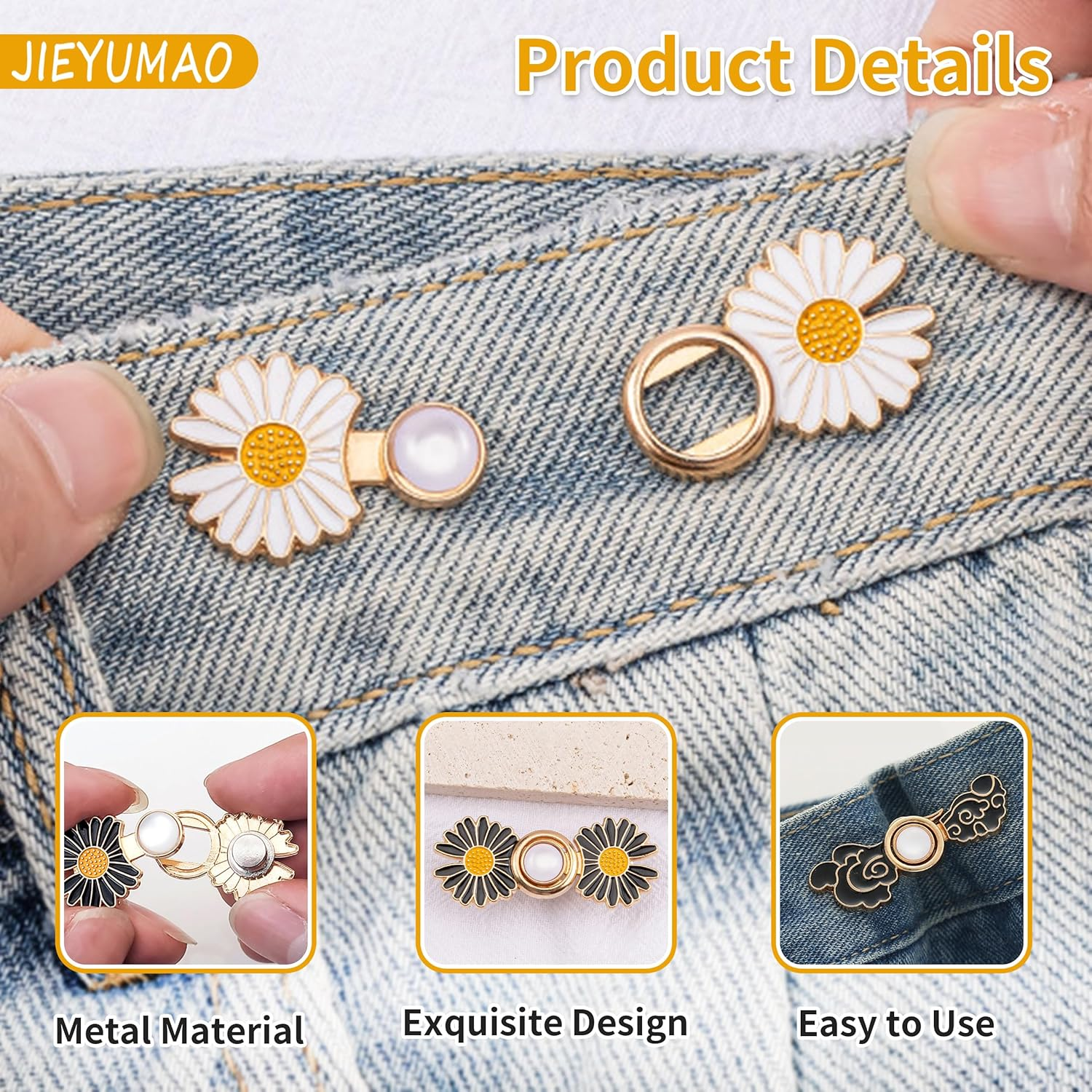 JIEYUMAO Pant Waist Tightener, 16 Sets Adjustable Waist Buckle Extender Set, 8 Styles Reusable Flower Jeans Button, No Tool No Sewing Required Pants Clips for Jeans Skirts image number 1
