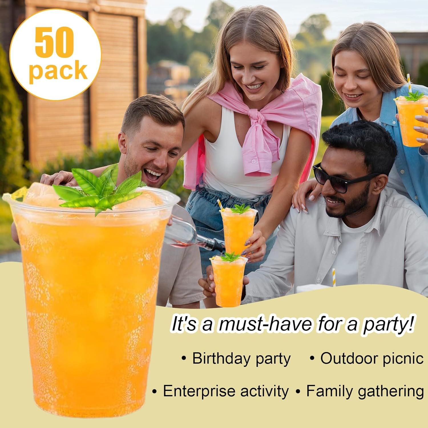 50 Pcs Reusable Plastic Cups,Clear Plastic Cups with Lid and Leak Proof Paper, PET Plastic Cups for Iced Coffee, Milkshake and Smoothie