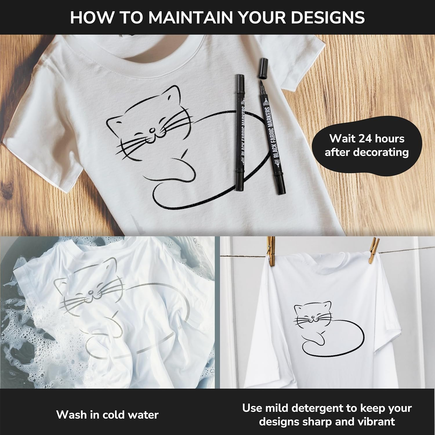 Zenacolor 5 Dual-Tip Black Fabric Markers Permanent for Clothes - Fabric Paint Pens for Personalizing Shirts Bags Hats Canvas and Textiles image number 5