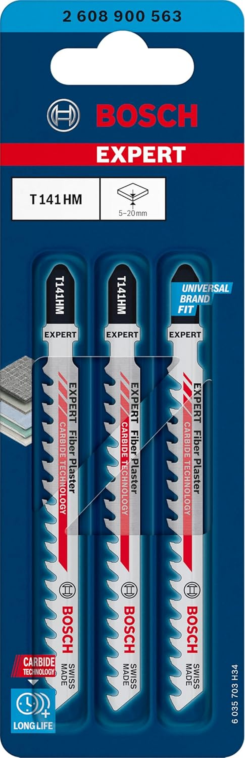 Bosch 3X Expert Fiber Plaster T141HM Jigsaw Blade (For Fibre Cement Boards, Drywall Board, Length 100 Mm, Professional Accessory Jigsaw) image number 1